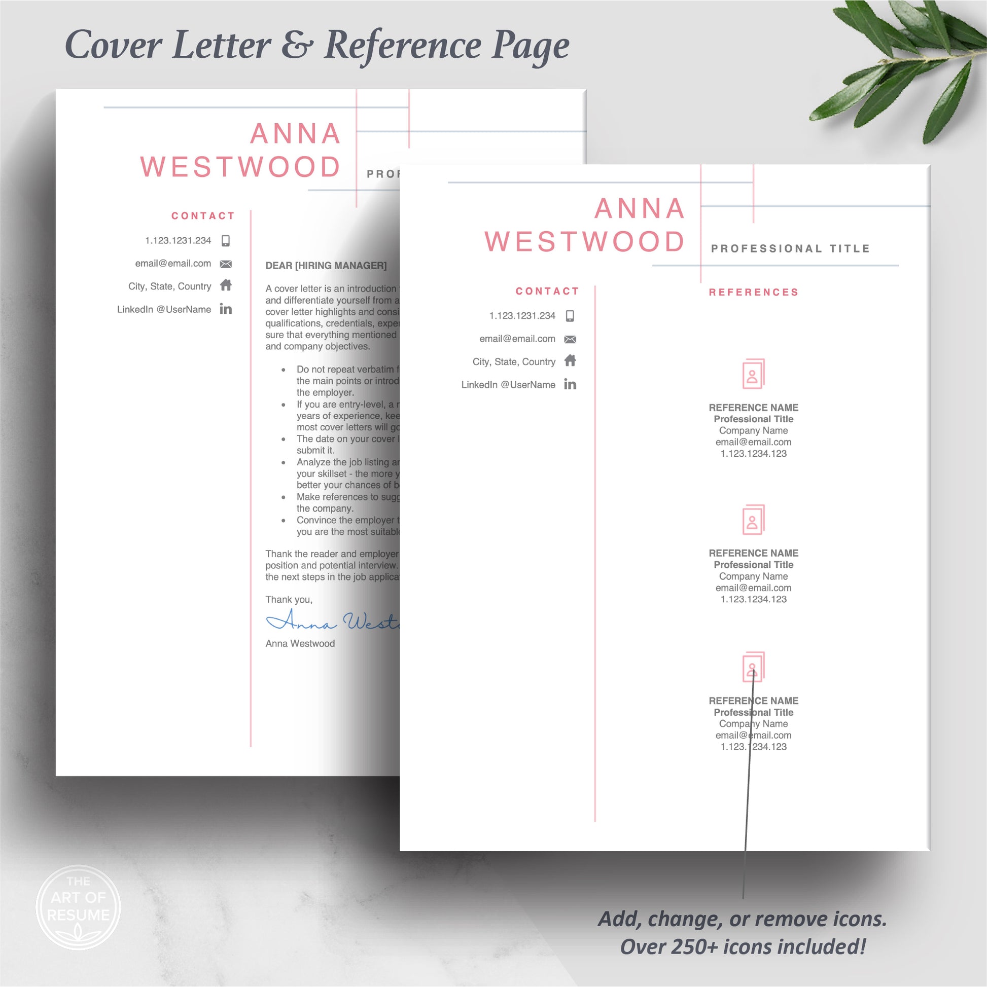The Art of Resume | Professional Pink Resume Template Bundle | Cover Letter and Reference Page Template
