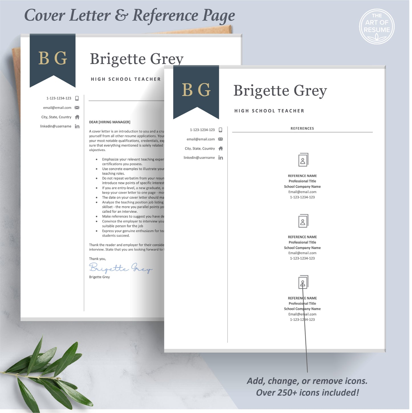The Art of Resume Professional Navy Blue Teacher Resume Template Bundle | Teacher Cover Letter and Reference Page Templates