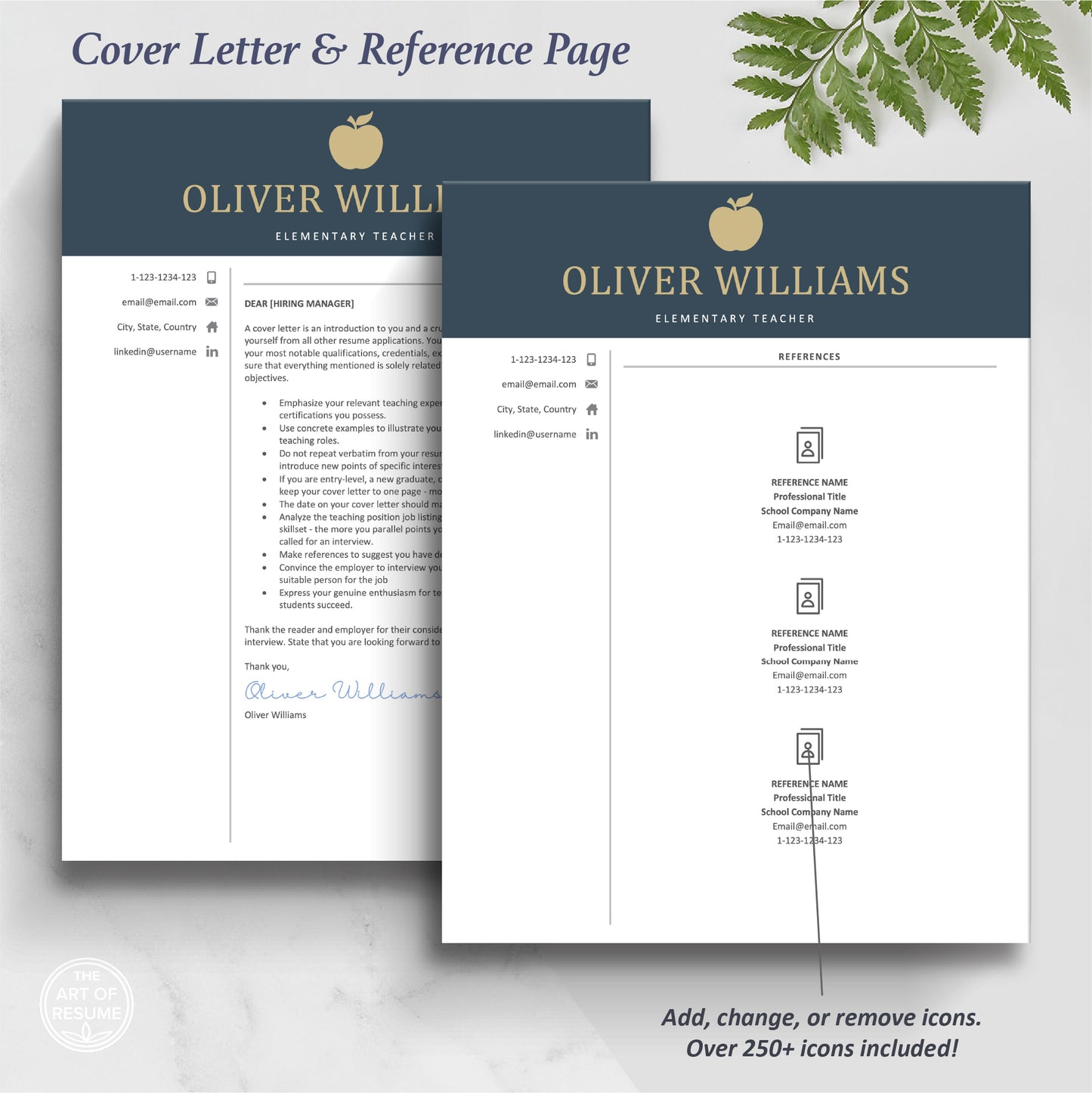 The Art of Resume | Navy Blue Teacher Cover Letter and Reference Page