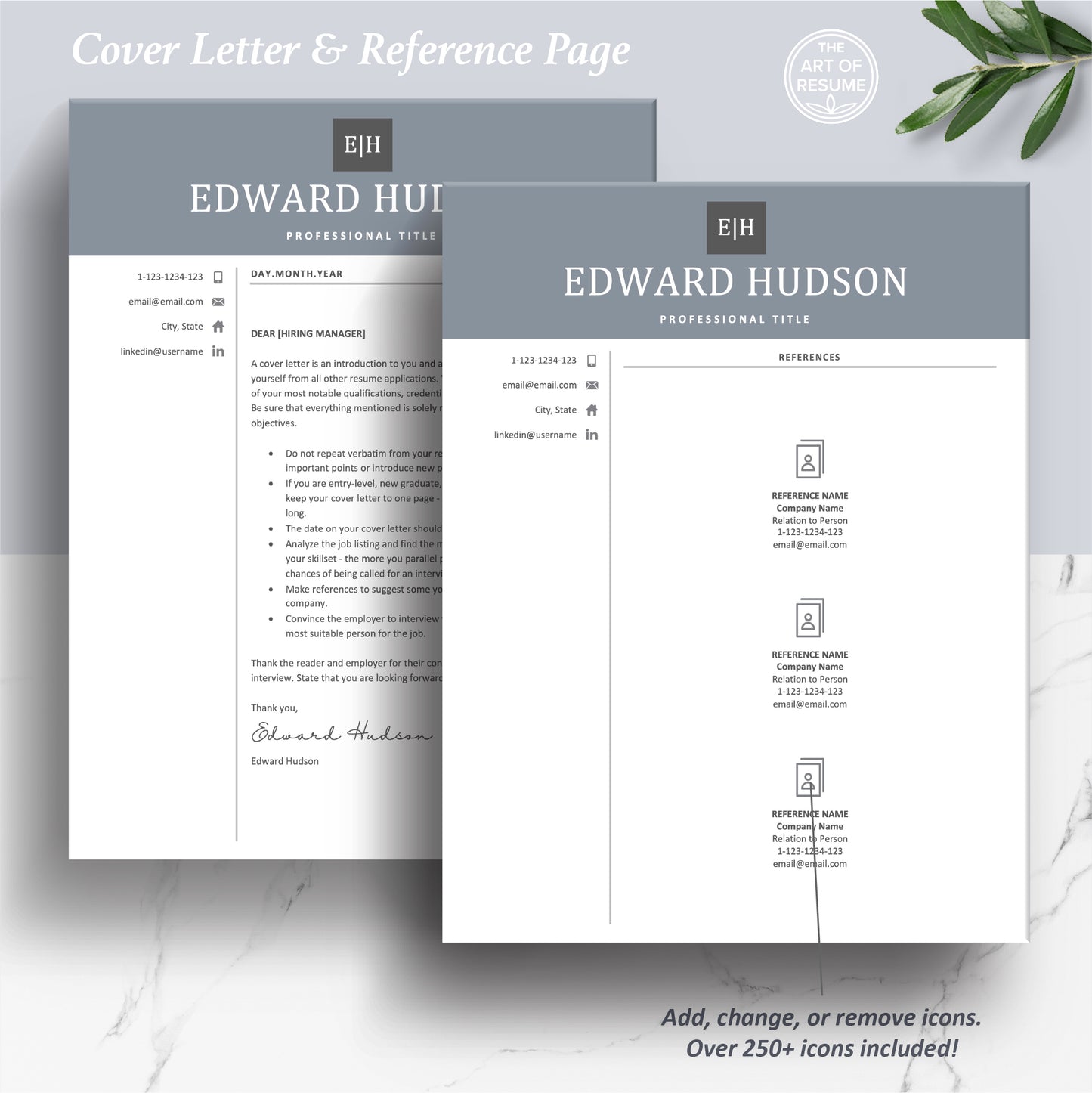 The Art of Resume Templates | Professional Modern Blue Cover Letter and Reference Page Templates Download