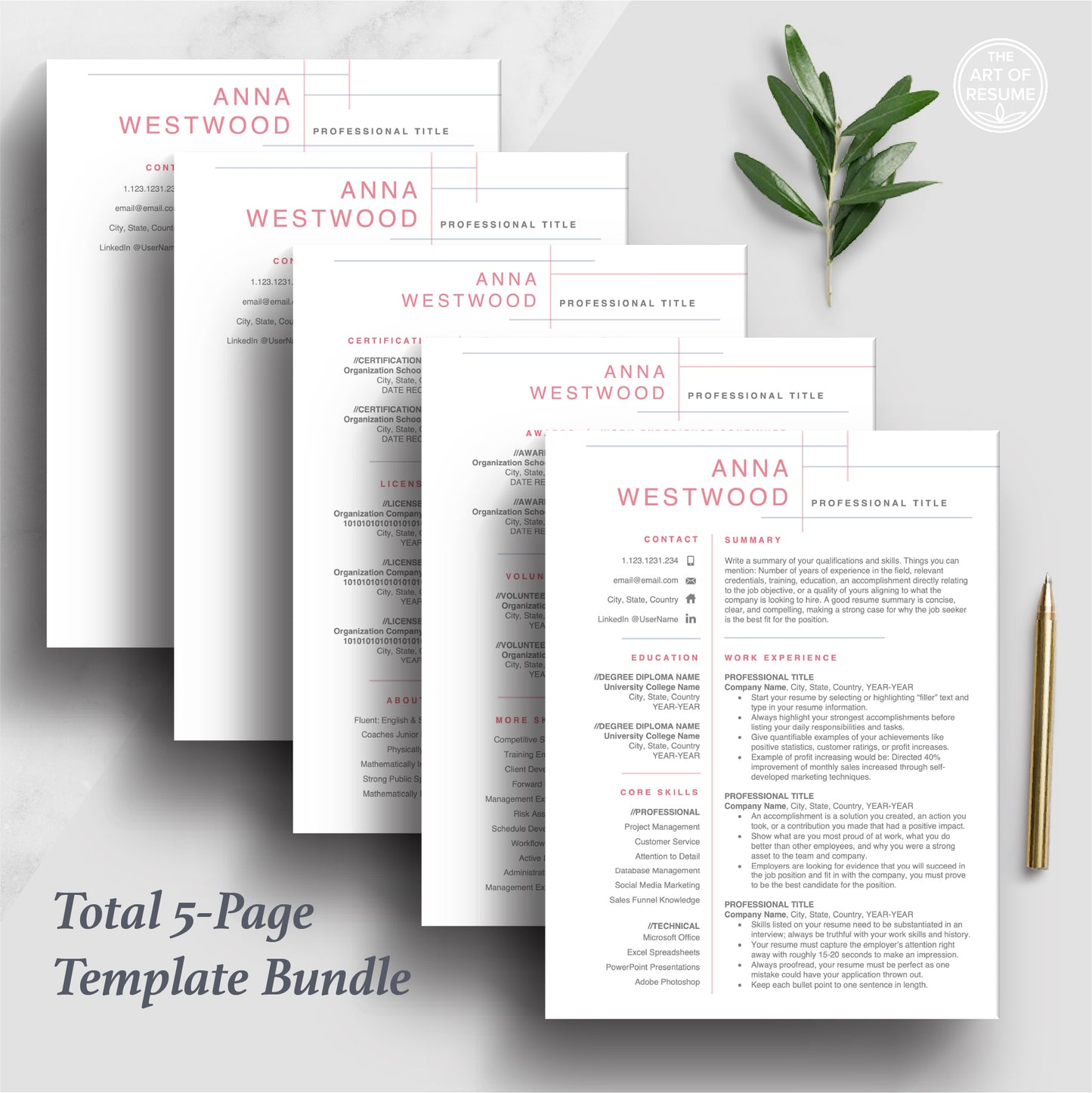 The Art of Resume | Professional Pink Resume Template Bundle | 5 Page Resume Bundle