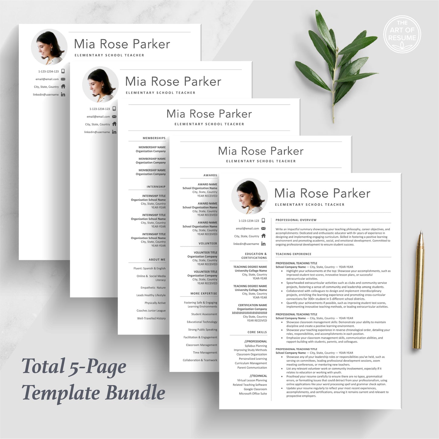 The Art of Resume | Teacher Resume, Teaching CV Template Design Bundle | 5 Page Resume Bundle