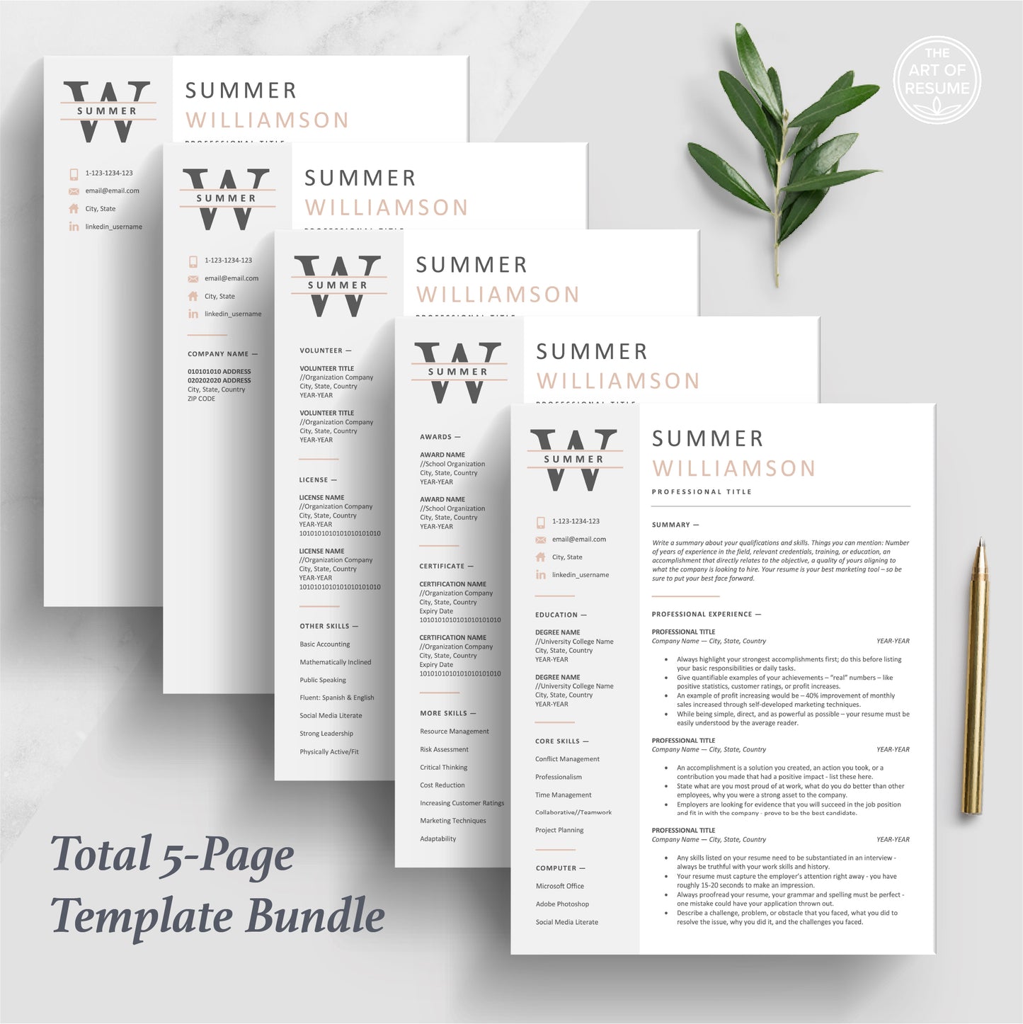 The Art of Resume Templates | Executive C Suite Level Resume CV Design Bundle including matching cover letter and reference page
