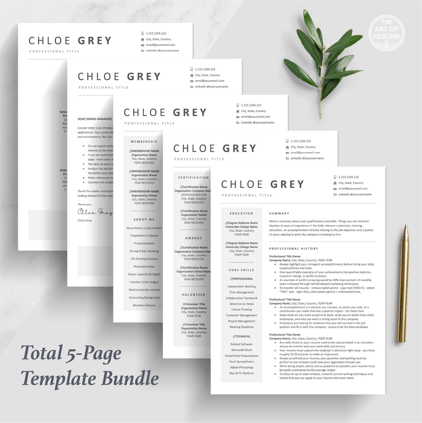 The Art of Resume | Professional Minimalist Resume CV Template Design Bundle | Five Page Resume Format
