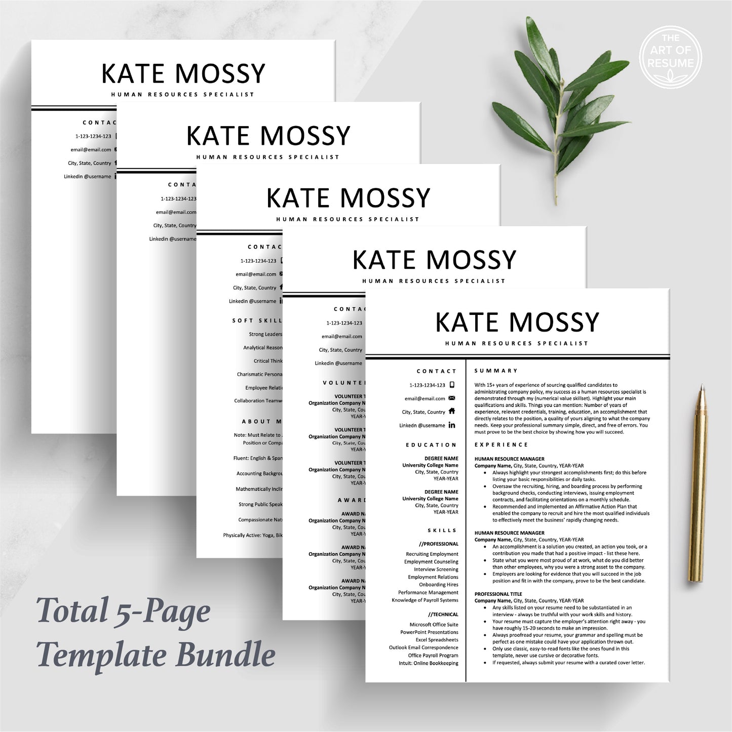 The Art of Resume Templates | Professional HR Human Resources Resume CV Design Bundle including matching cover letter and reference page