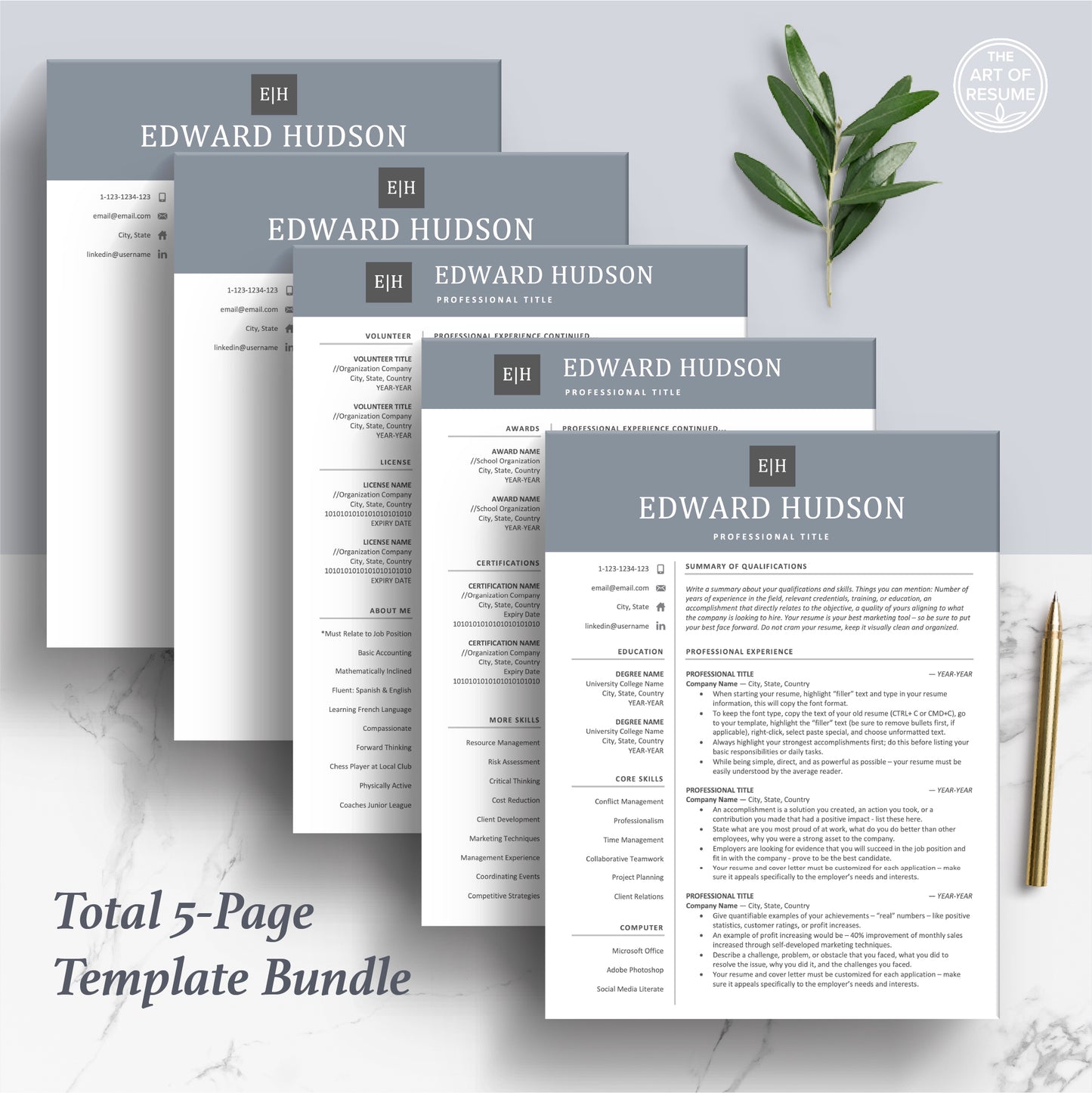 The Art of Resume Templates | Professional Modern Blue Resume CV Design Bundle including matching cover letter and reference page