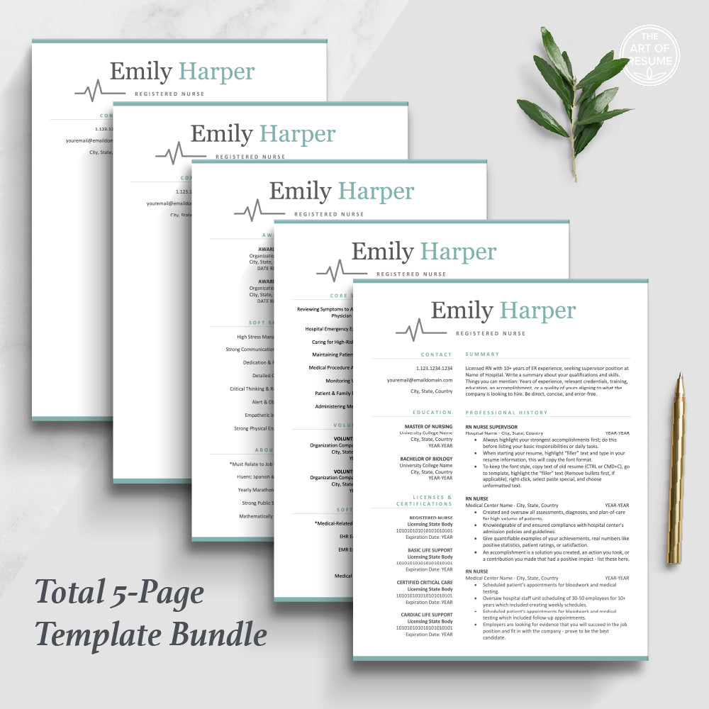 The Art of Resume | Medical Nurse Doctor Resume CV Template Maker Bundle | 5 Page Template Total