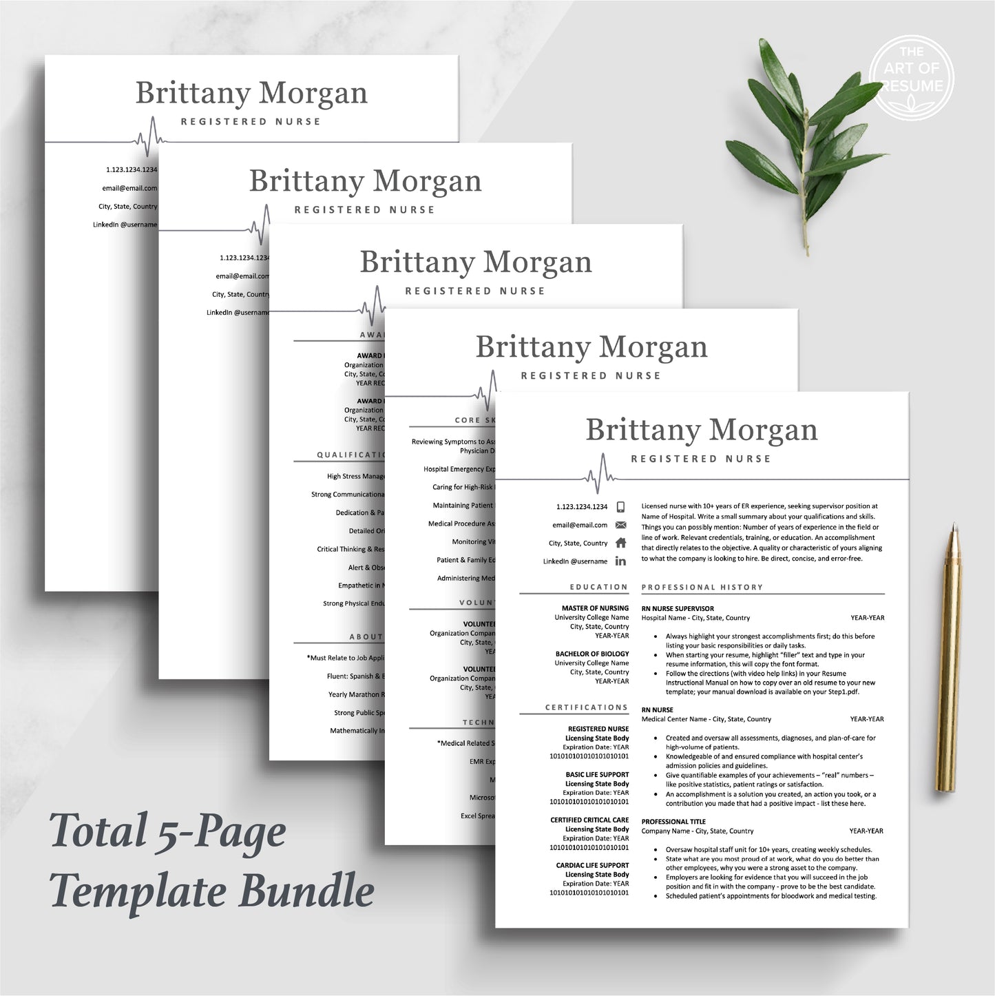 5 Page Resume Bundle, The Art of Resume, Modern Medical Nurse  Doctor Resume CV Template for RN Nurse, Resident Student, Medical Assistant, Physician with Cover Letter, Reference Page, Social Media Icons