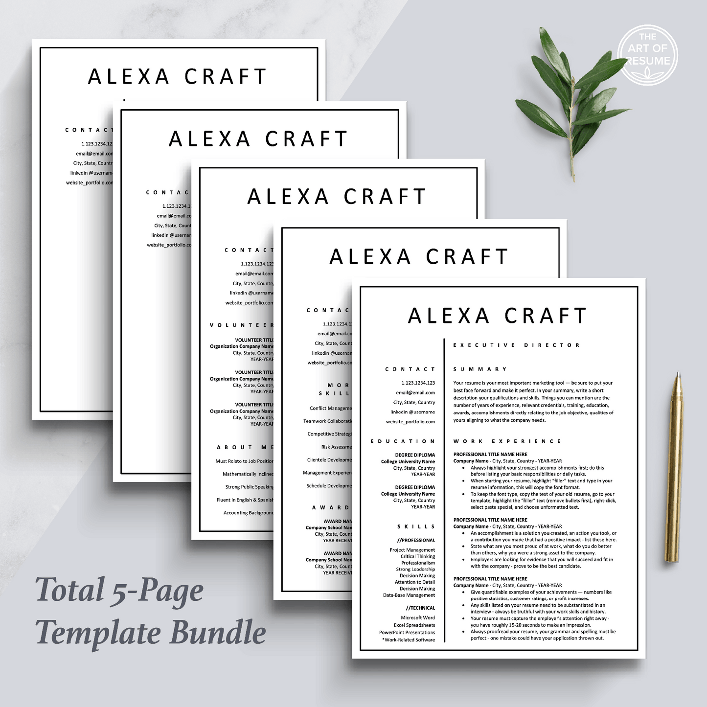 Instantly Download and Edit Your Modern Resume CV 5-Page Bundle for Microsoft Word and Apple Pages (Mac & PC)