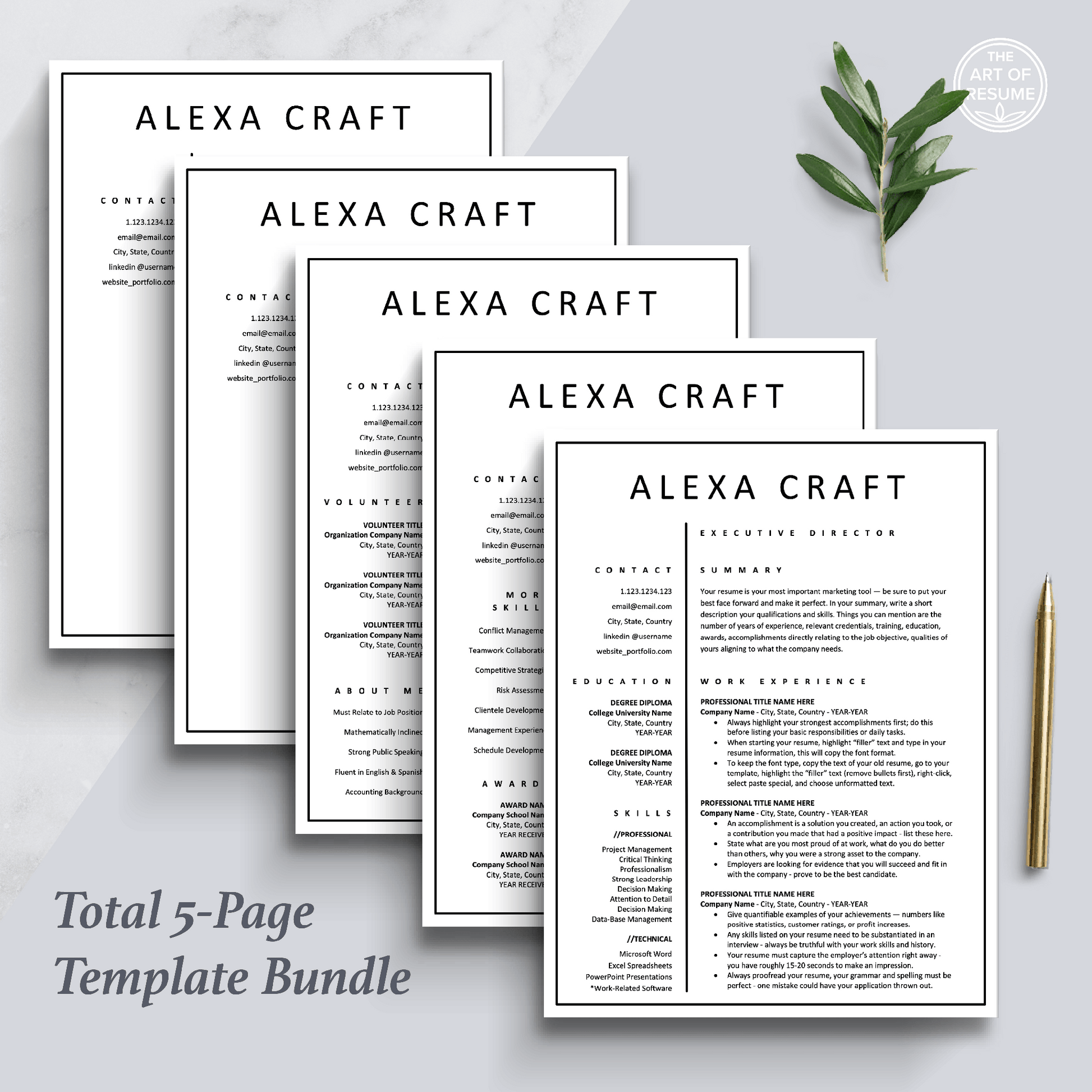Instantly Download and Edit Your Modern Resume CV 5-Page Bundle for Microsoft Word and Apple Pages (Mac & PC)