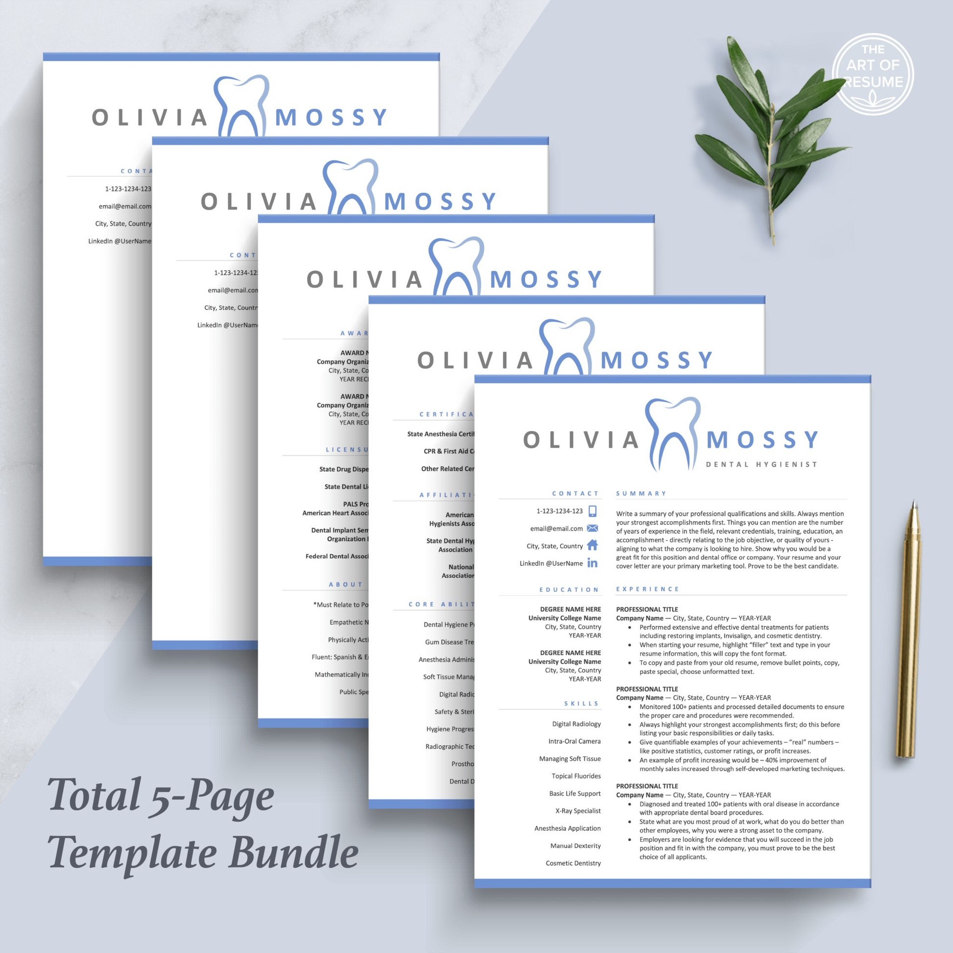 The Art of Resume Templates | Dentist, Hygienist, Dental Student, Assistant Resume CV Design Bundle including matching cover letter and reference page