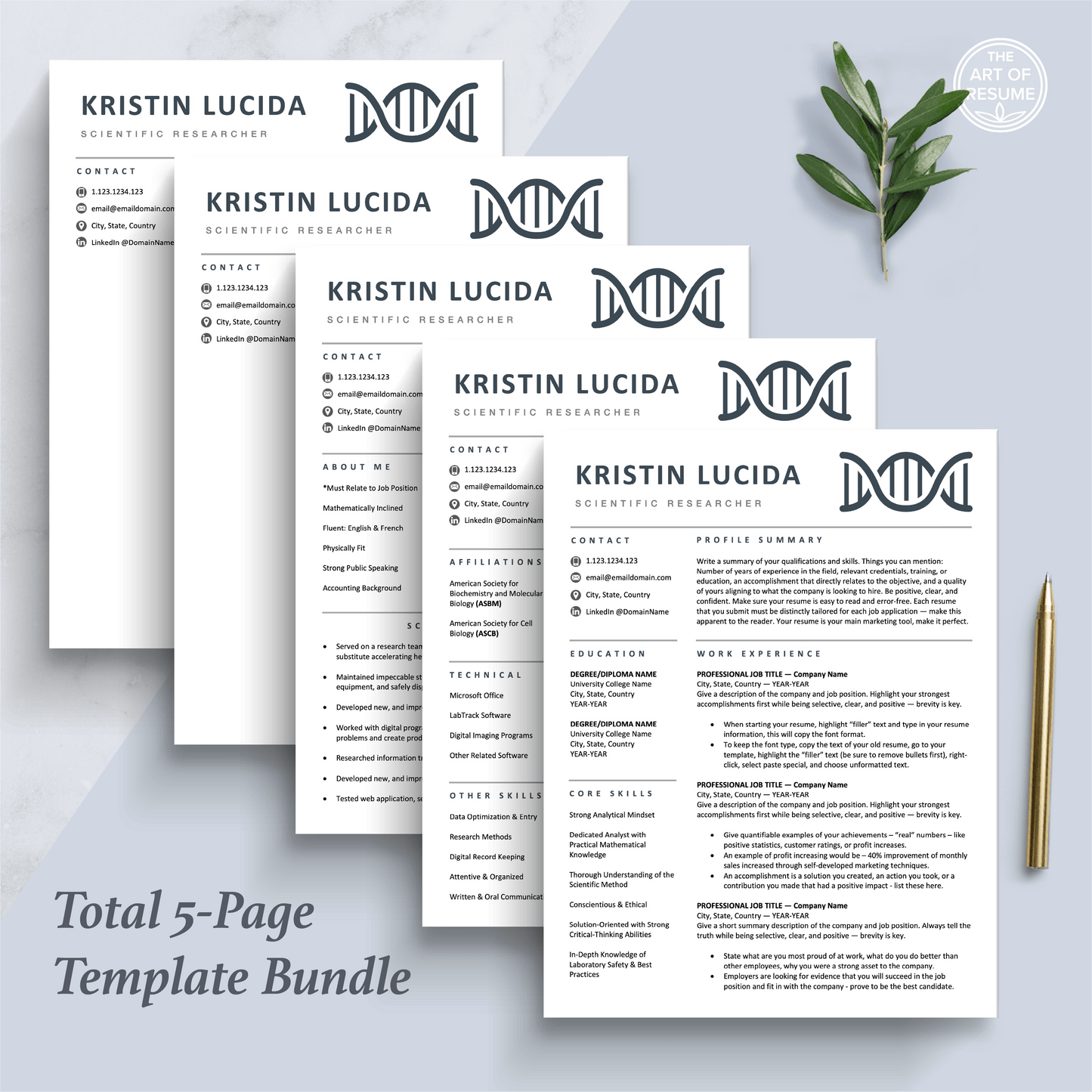 The Art of Resume Templates | Scientist, Biochemist, Lab Researcher, Student, Teacher DNA Helix Resume CV Design Bundle including matching cover letter and reference page