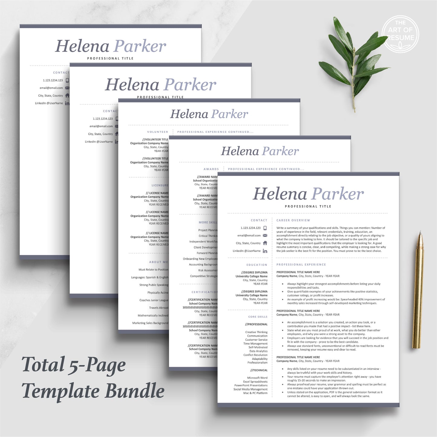 The Art of Resume Templates | Professional Resume CV Design Bundle including matching cover letter and reference page