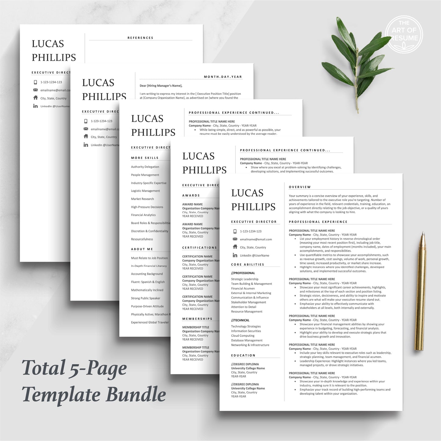 The Art of Resume | Simple Executive Resume Template Design | 5 Page Resume Bundle