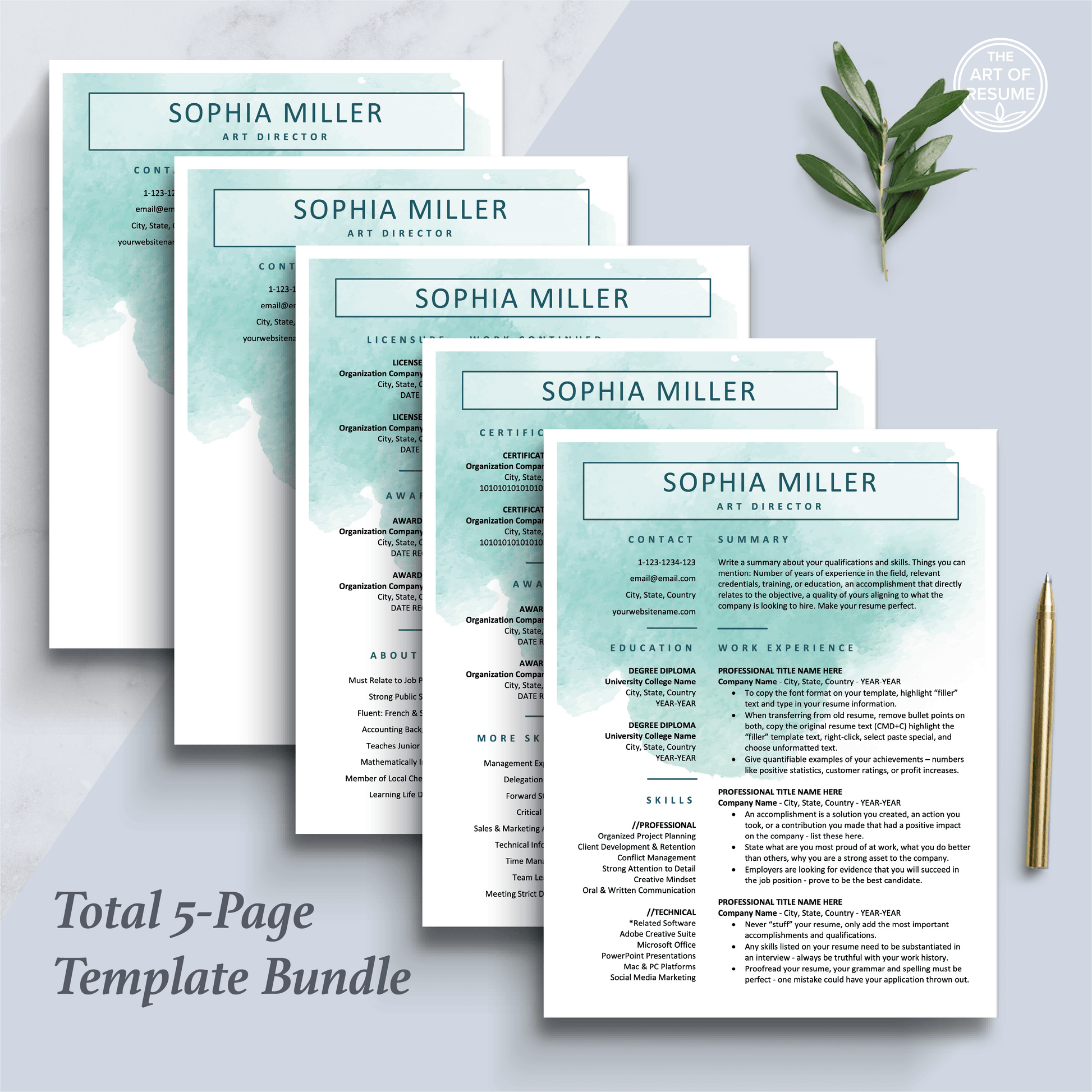 The Art of Resume Templates |  Creative Teal Blue Watercolor Resume CV Design Bundle including matching cover letter and reference page