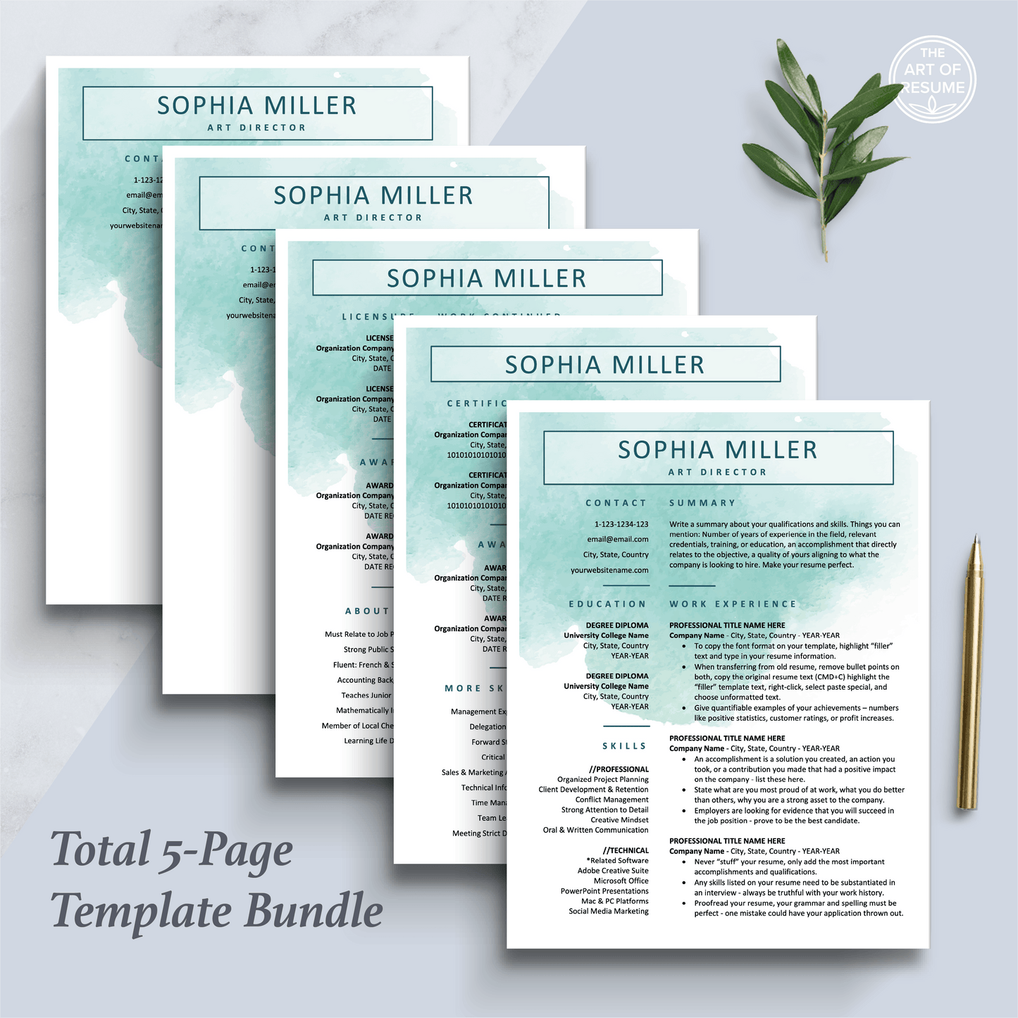 The Art of Resume Templates |  Creative Teal Blue Watercolor Resume CV Design Bundle including matching cover letter and reference page