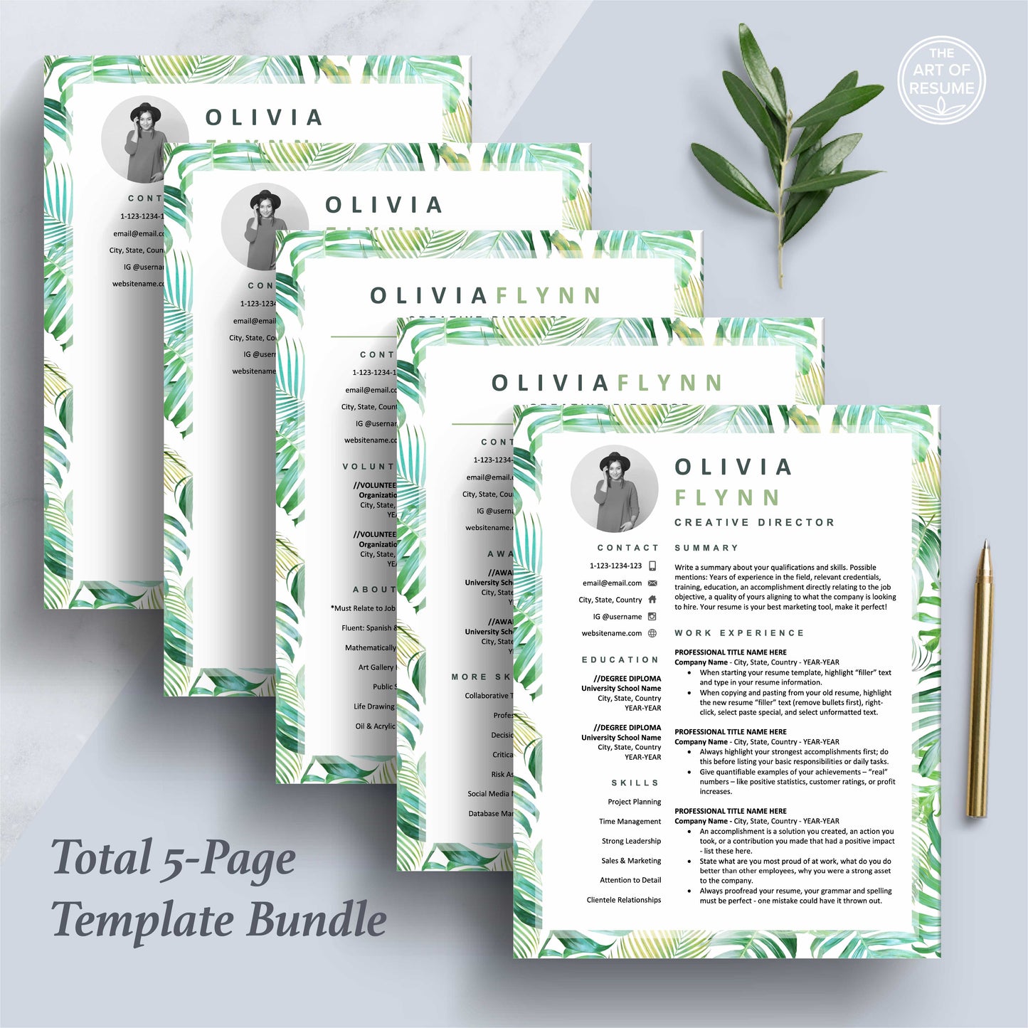 The Art of Resume Templates | Creative Tropical Green Resume CV Design Bundle including matching cover letter and reference page
