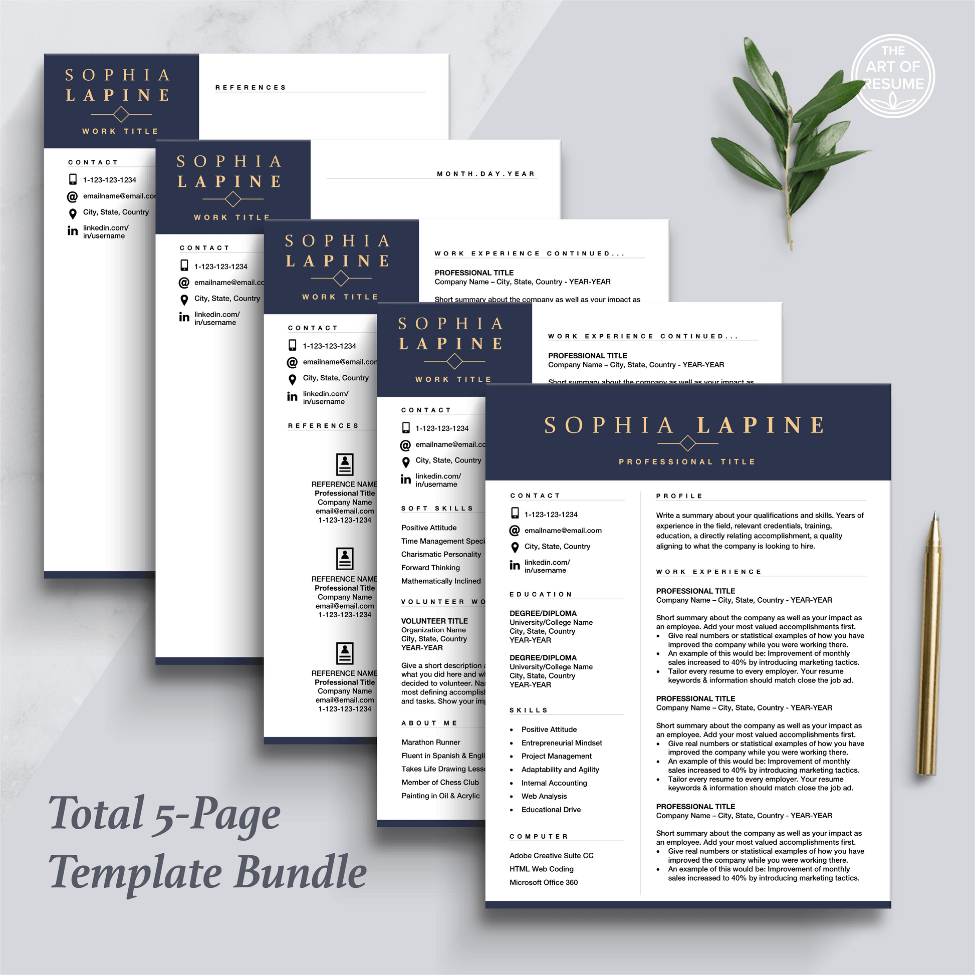 The Art of Resume Templates | Professional Navy Blue Resume CV Design Bundle including matching cover letter and reference page