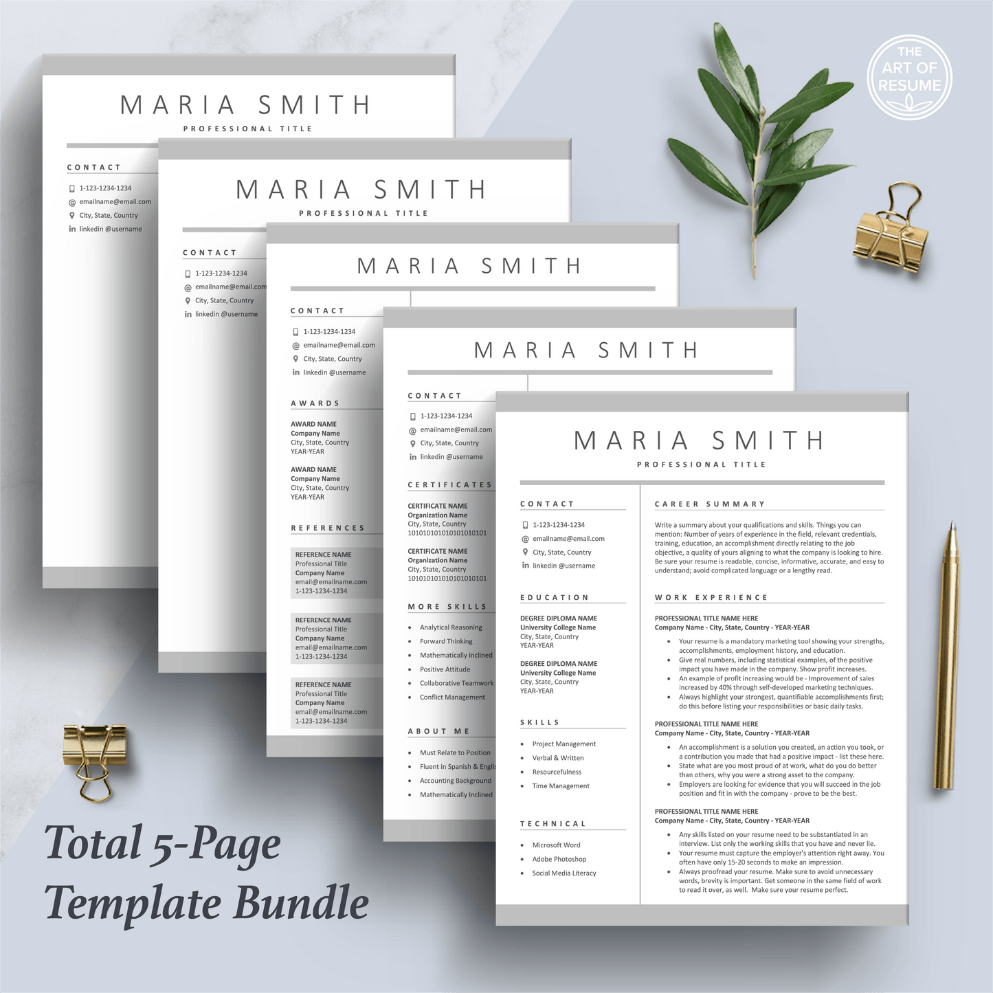 The Art of Resume Templates | Professional Simple Resume CV Design Bundle including matching cover letter and reference page