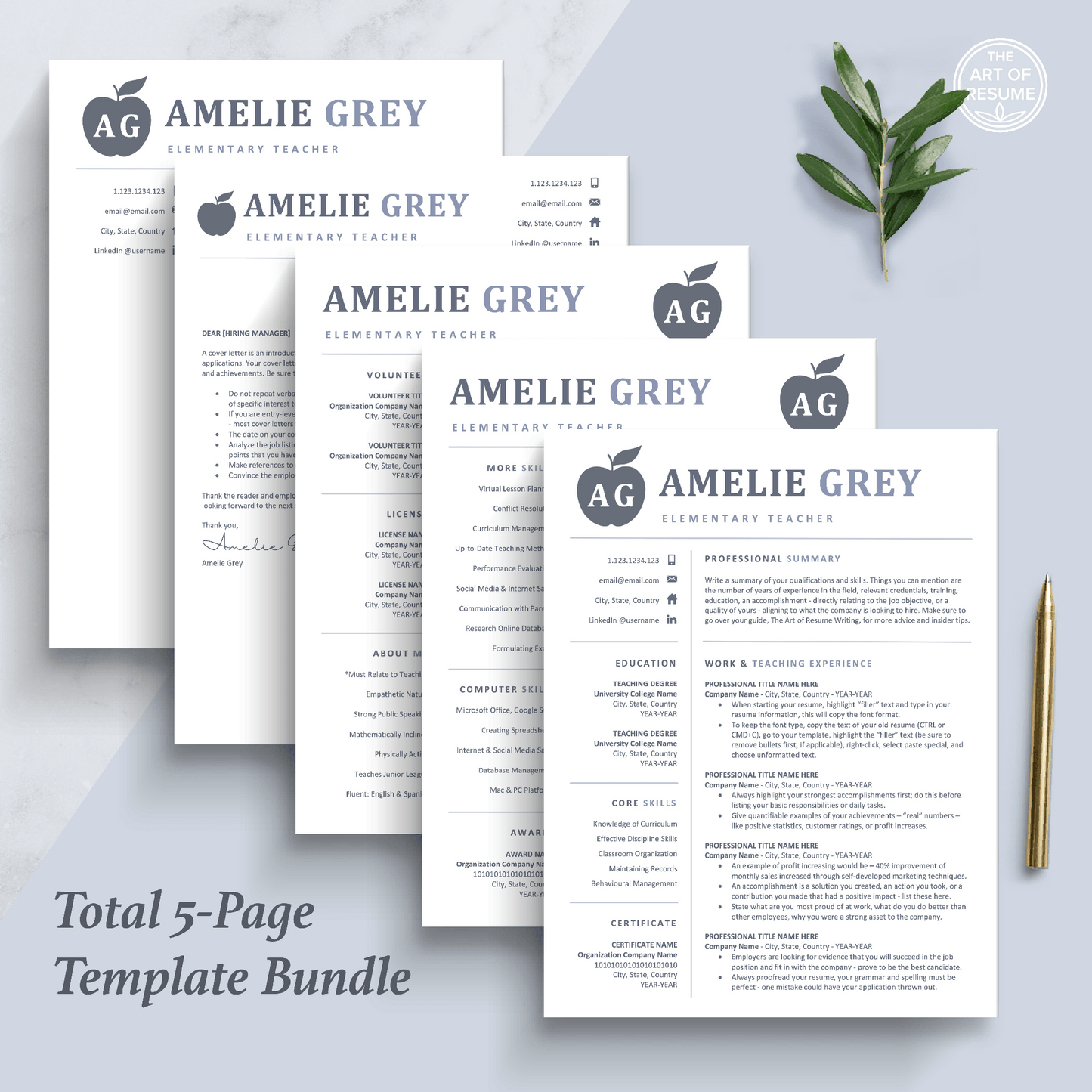 The Art of Resume Templates | Creative Teacher Blue Grey Resume CV Design Bundle including matching cover letter and reference page