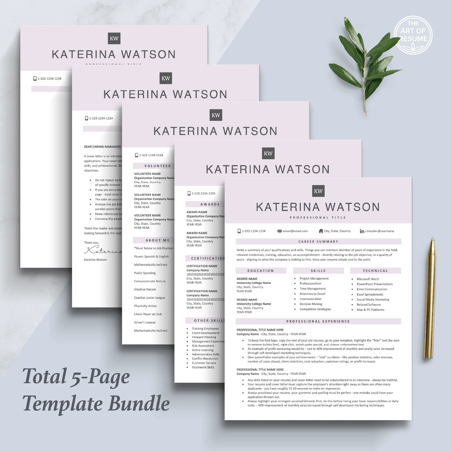 The Art of Resume Templates | Professional Rose Pink Resume CV Design Bundle including matching cover letter and reference page