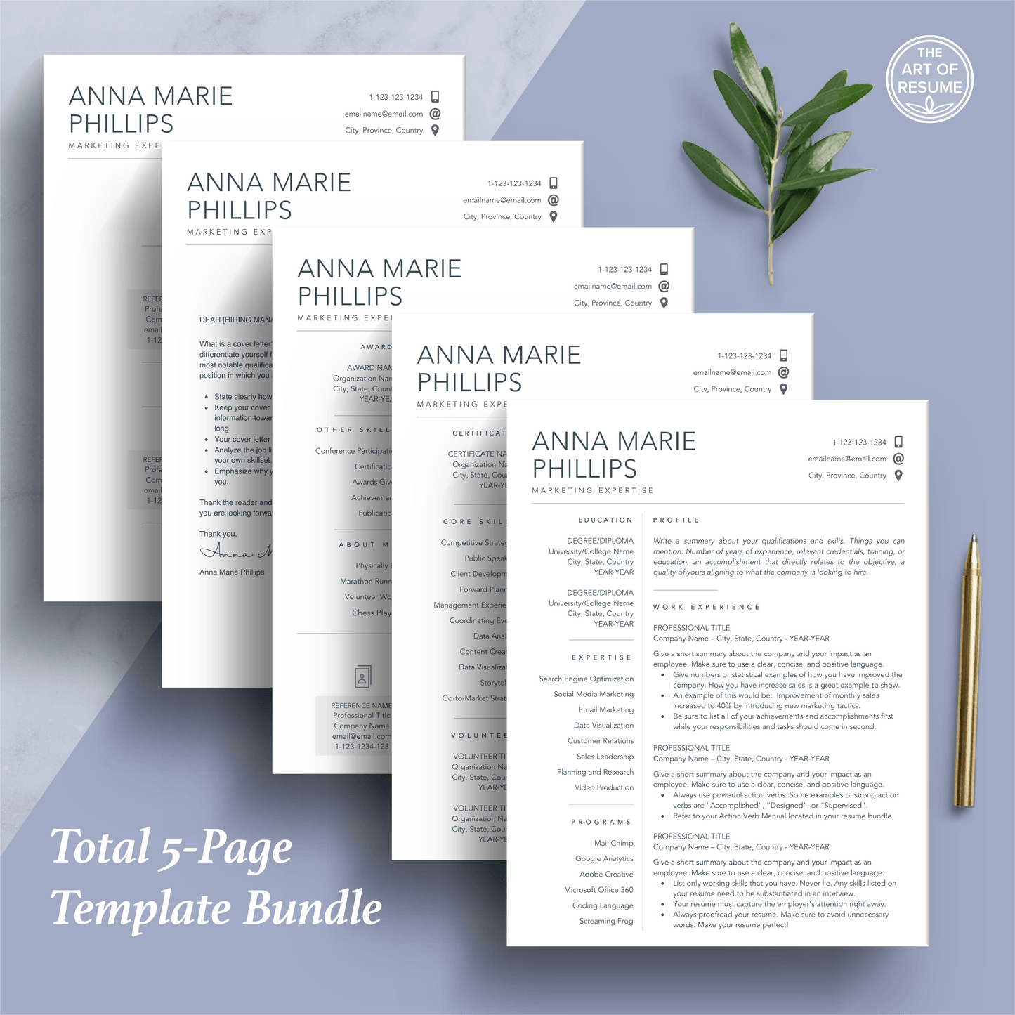 The Art of Resume Templates | Professional Simple Clean Minimalist Resume CV Design Bundle including matching cover letter and reference page