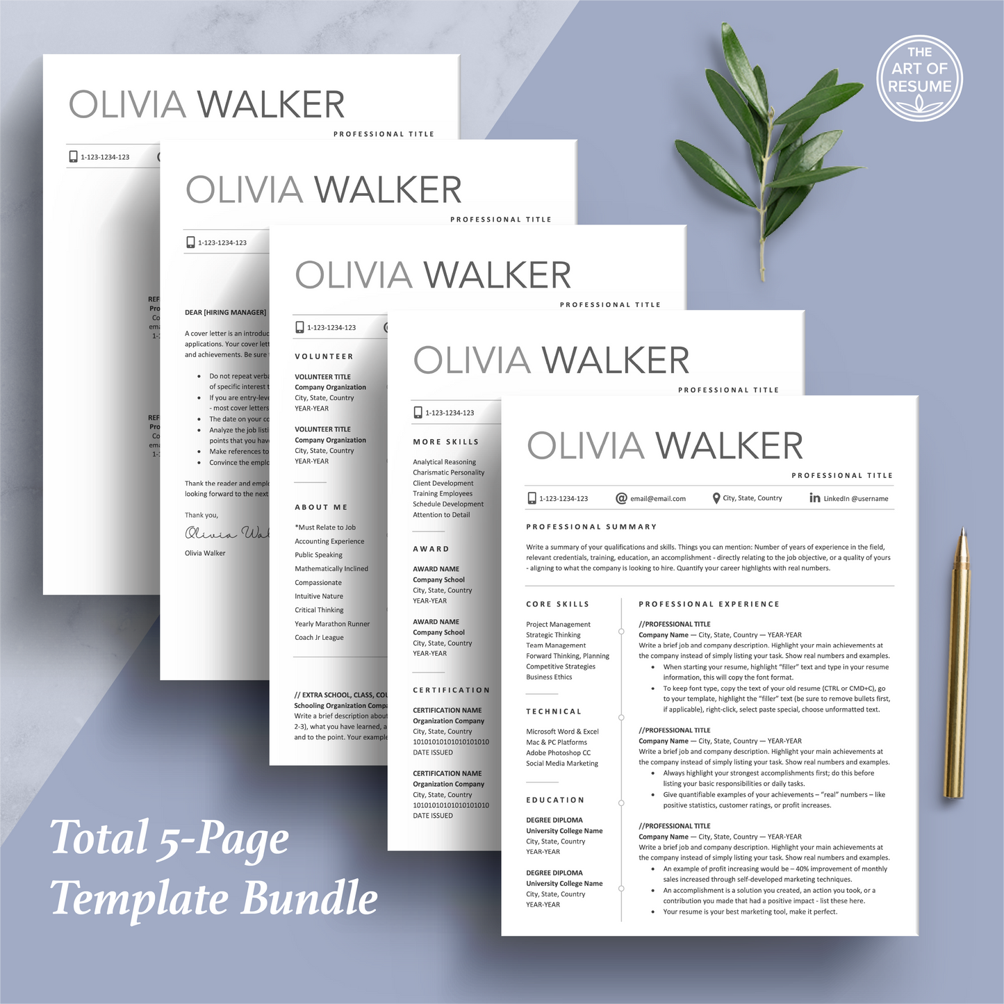 The Art of Resume Templates | Professional Simple Resume CV Design Bundle including matching cover letter and reference page