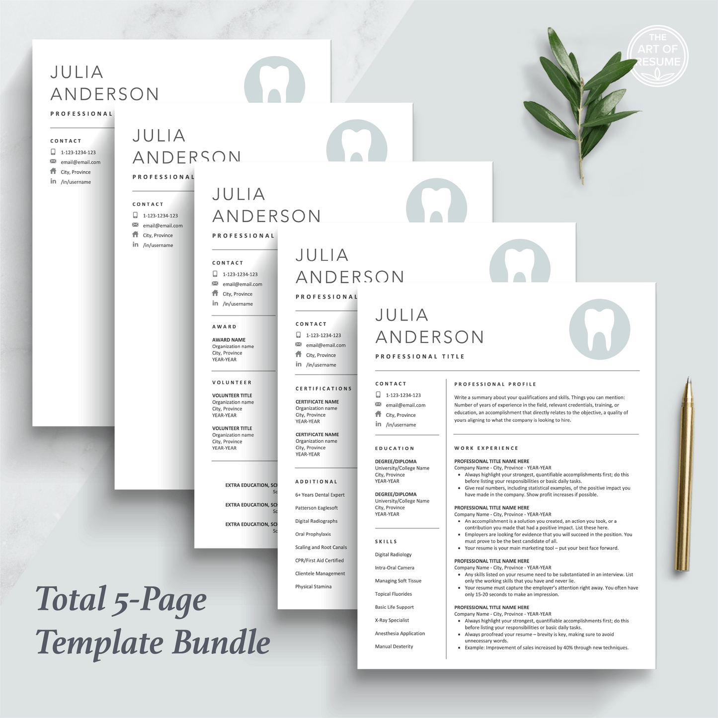 The Art of Resume Templates | Dentist, Hygienist, Dental Student, Assistant Resume CV Design Bundle including matching cover letter and reference page