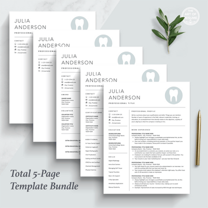 The Art of Resume Templates | Dentist, Hygienist, Dental Student, Assistant Resume CV Design Bundle including matching cover letter and reference page