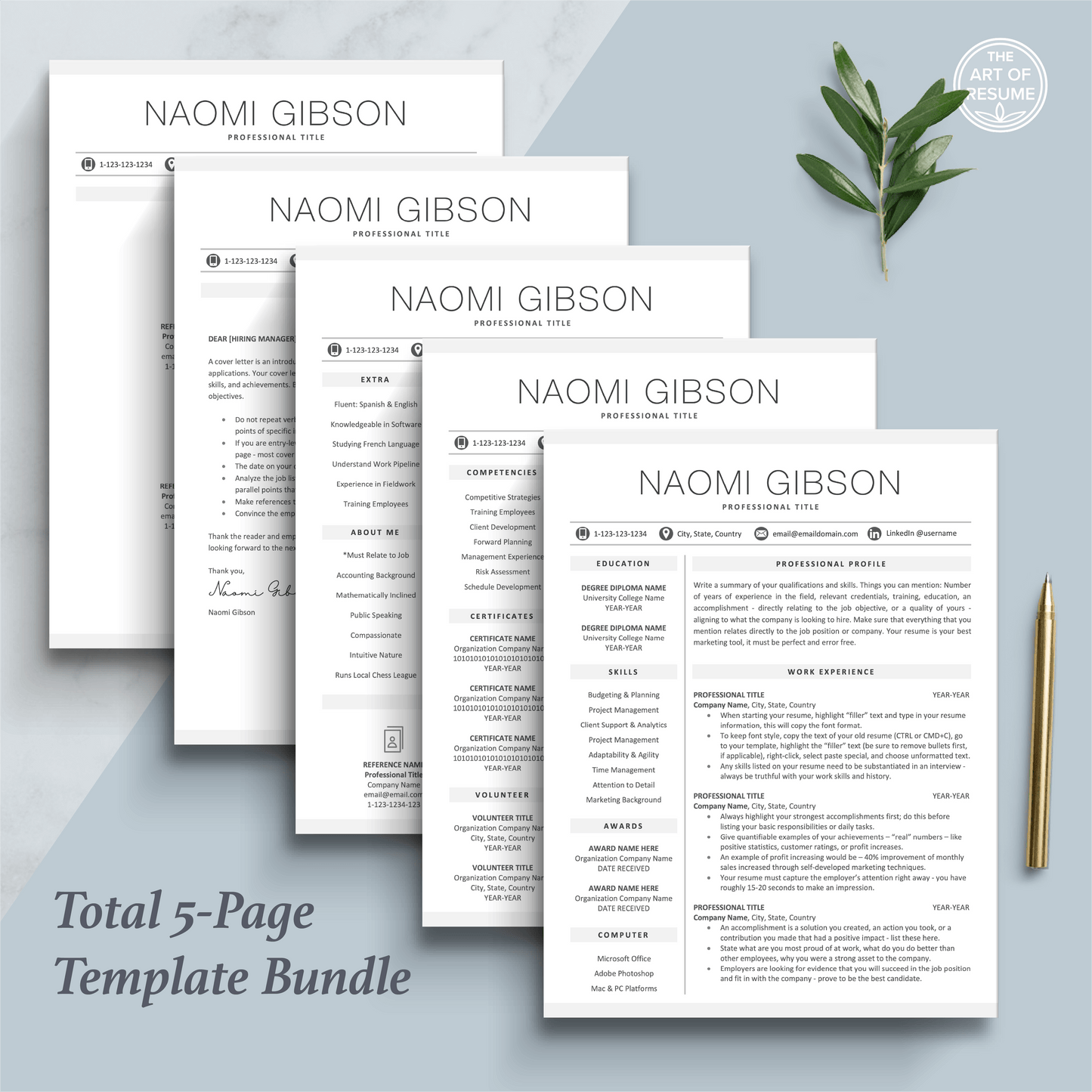 The Art of Resume Templates | Professional Minimalist Simple Resume CV Design Bundle including matching cover letter and reference page