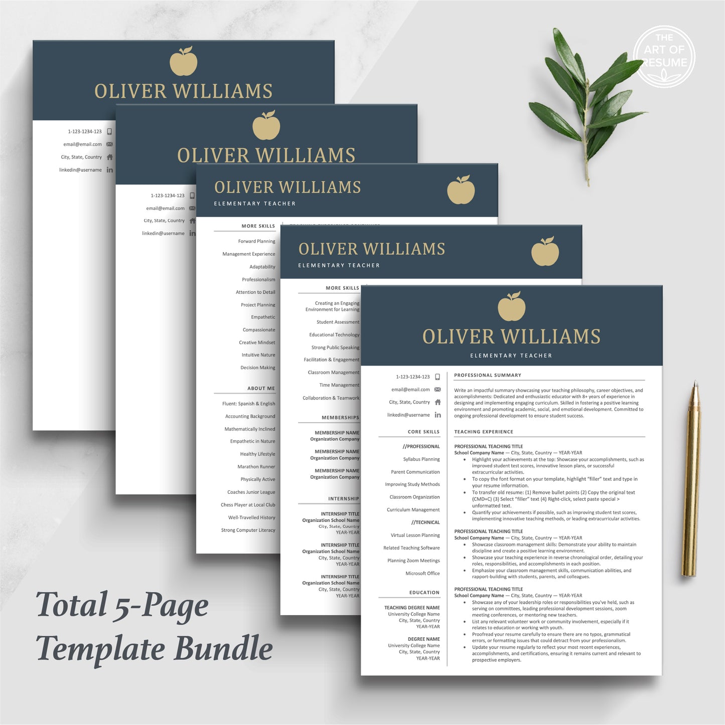 The Art of Resume | Navy Blue Teacher Teaching Resume CV Template | 5 Page Resume Bundle