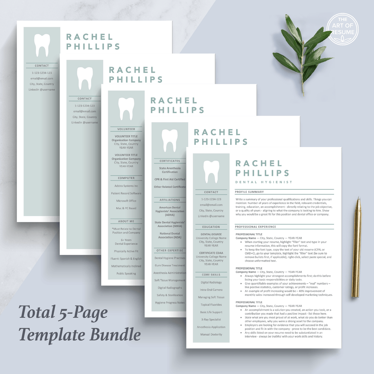The Art of Resume Templates | Dentist, Hygienist, Dental Student, Assistant Resume CV Design Bundle including matching cover letter and reference page