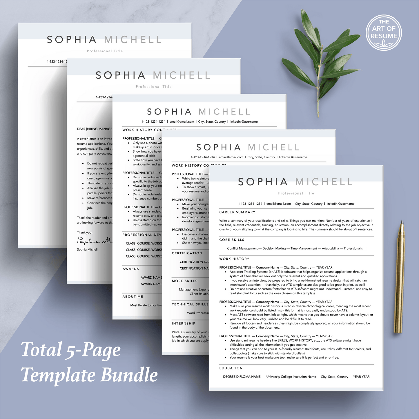 The Art of Resume Templates | Professional Simple Resume CV Design Bundle including matching cover letter and reference page