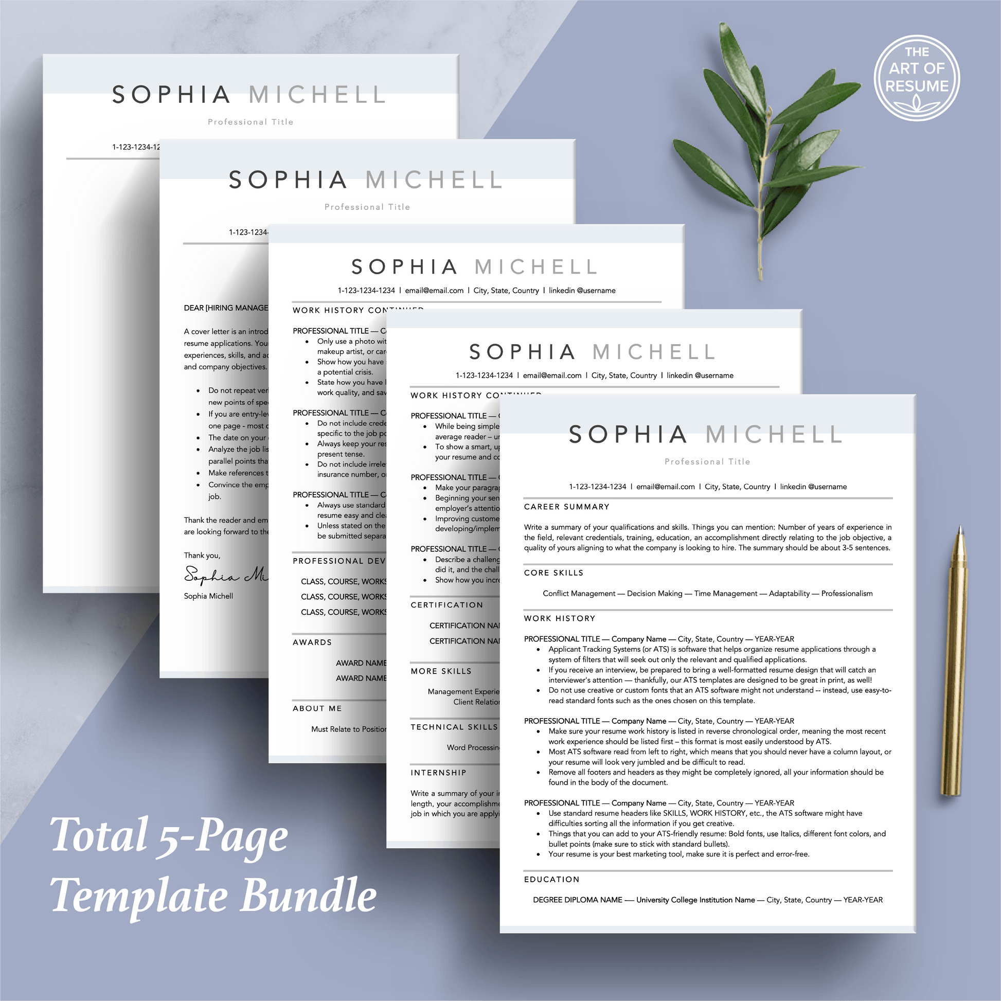 The Art of Resume Templates | Professional Simple Resume CV Design Bundle including matching cover letter and reference page