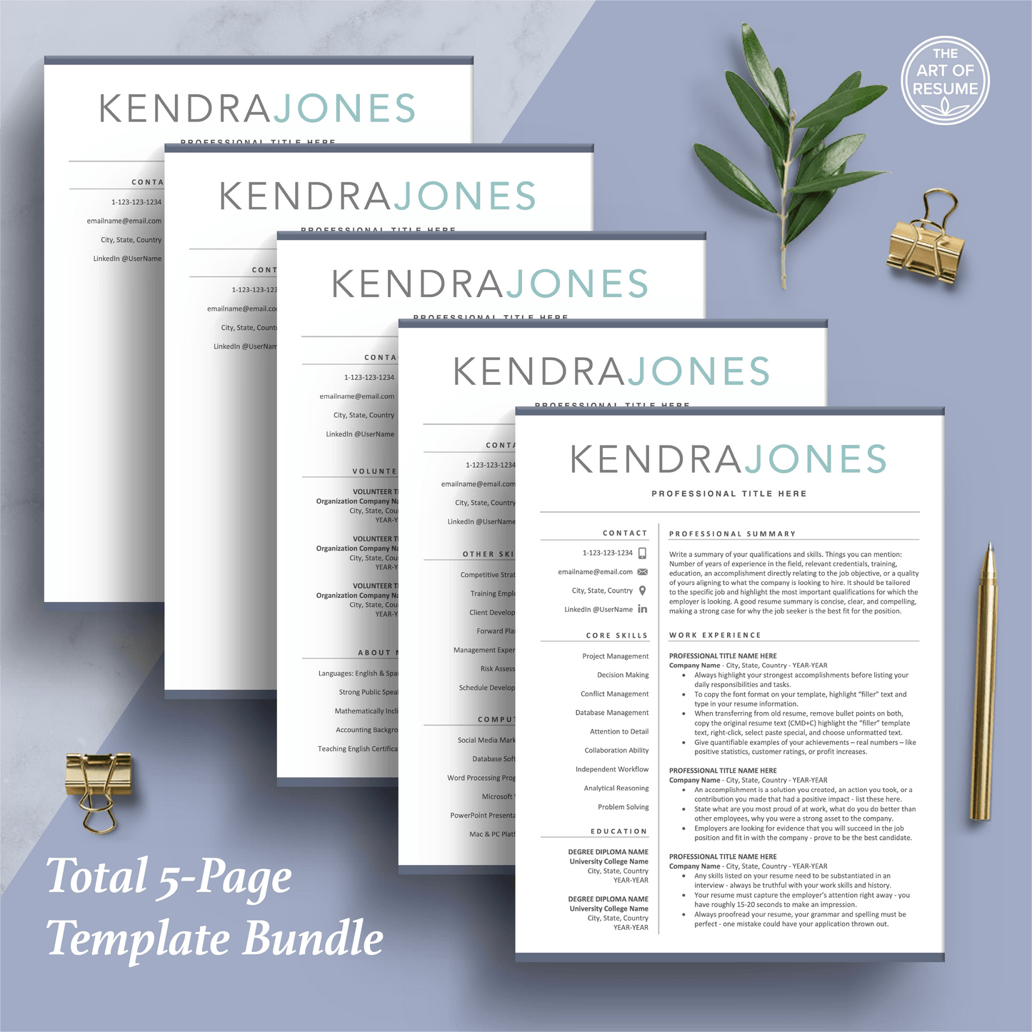 The Art of Resume Templates | Professional Simple Resume CV Design Bundle including matching cover letter and reference page