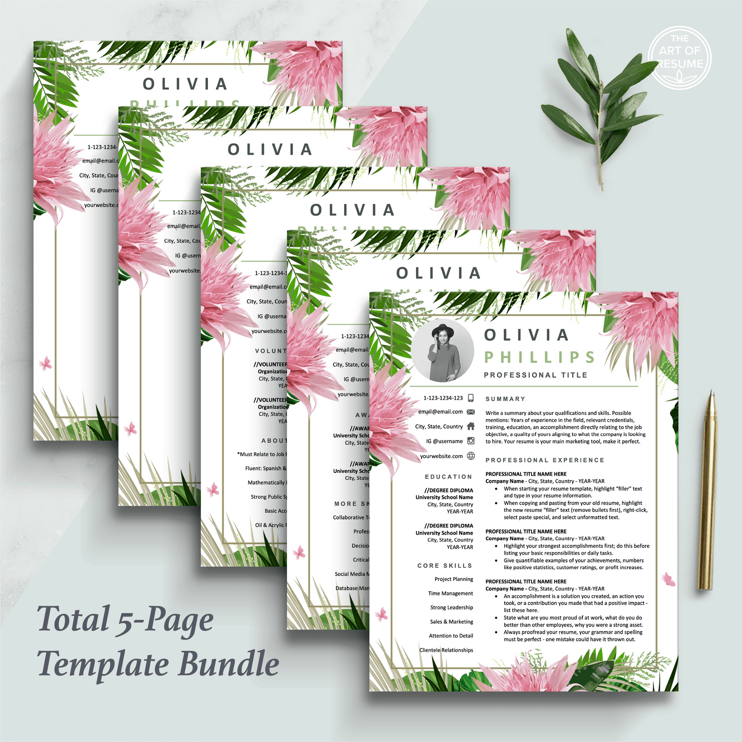 The Art of Resume Templates | Professional Creative Floral Resume CV Design Bundle including matching cover letter and reference page