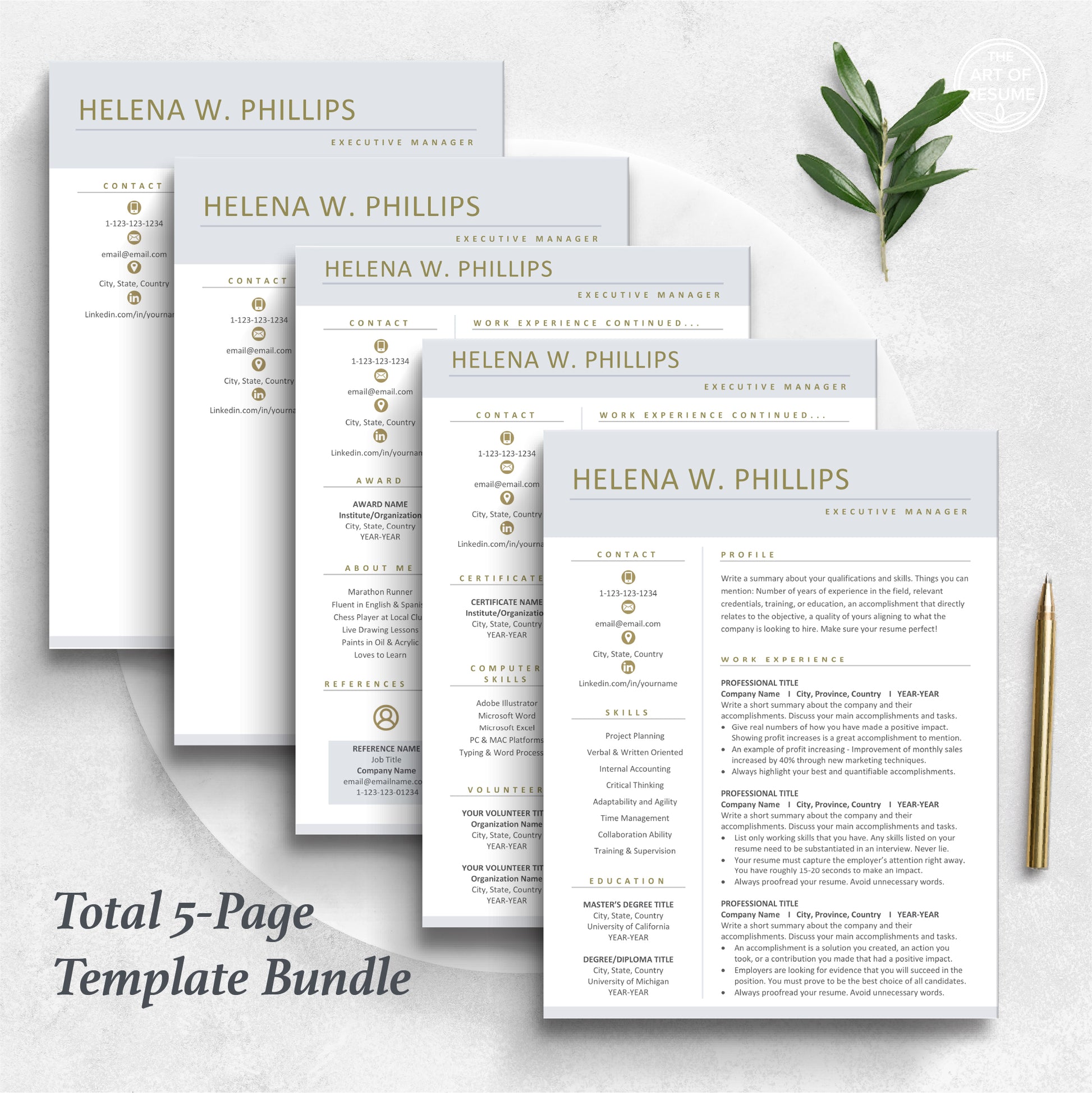 The Art of Resume Templates | Executive C Suite Level Resume CV Design Bundle including matching cover letter and reference page