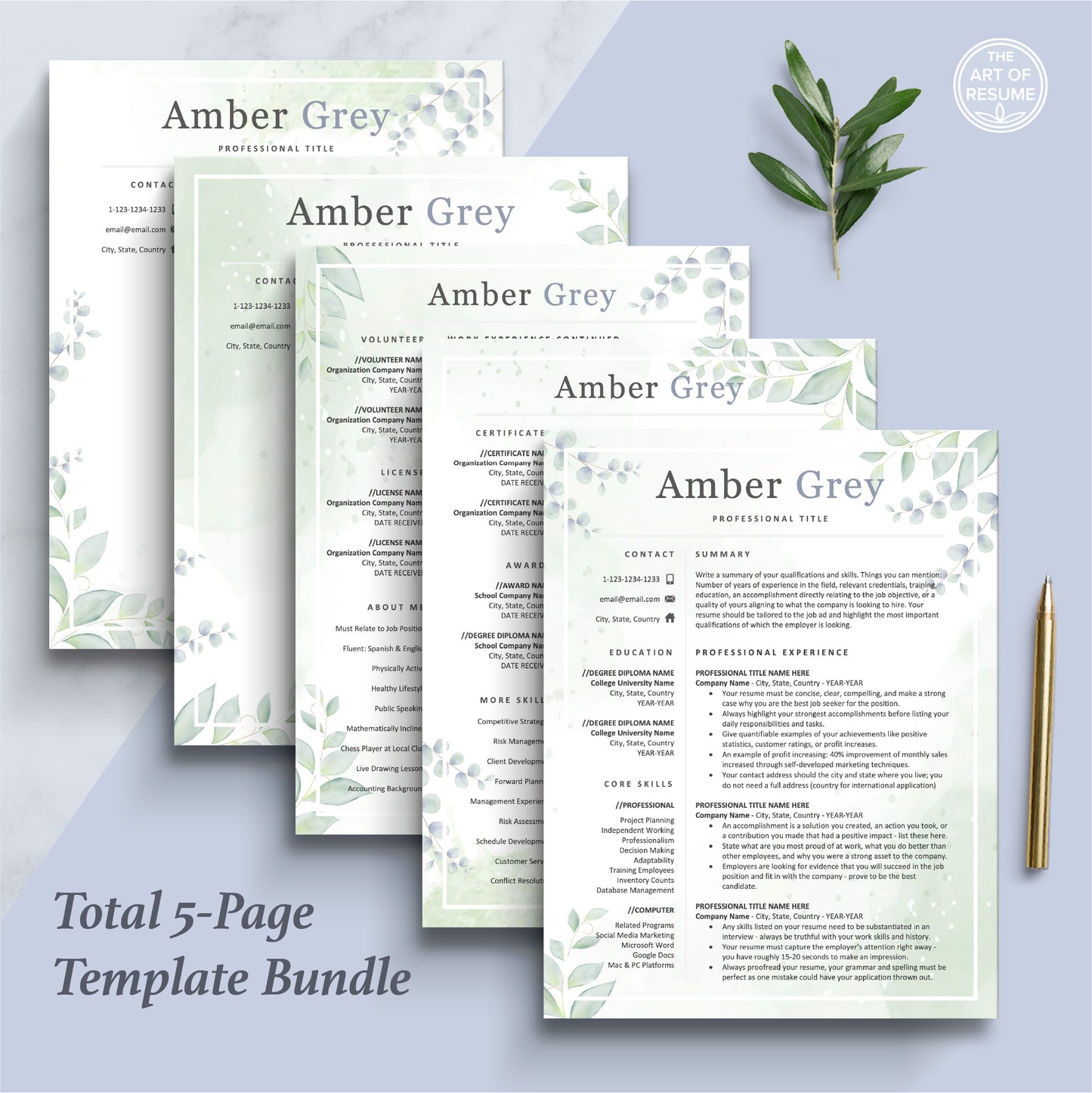 The Art of Resume | Creative Floral Resume Cv Template Design Bundle | 5 Page Executive Resume Template Format
