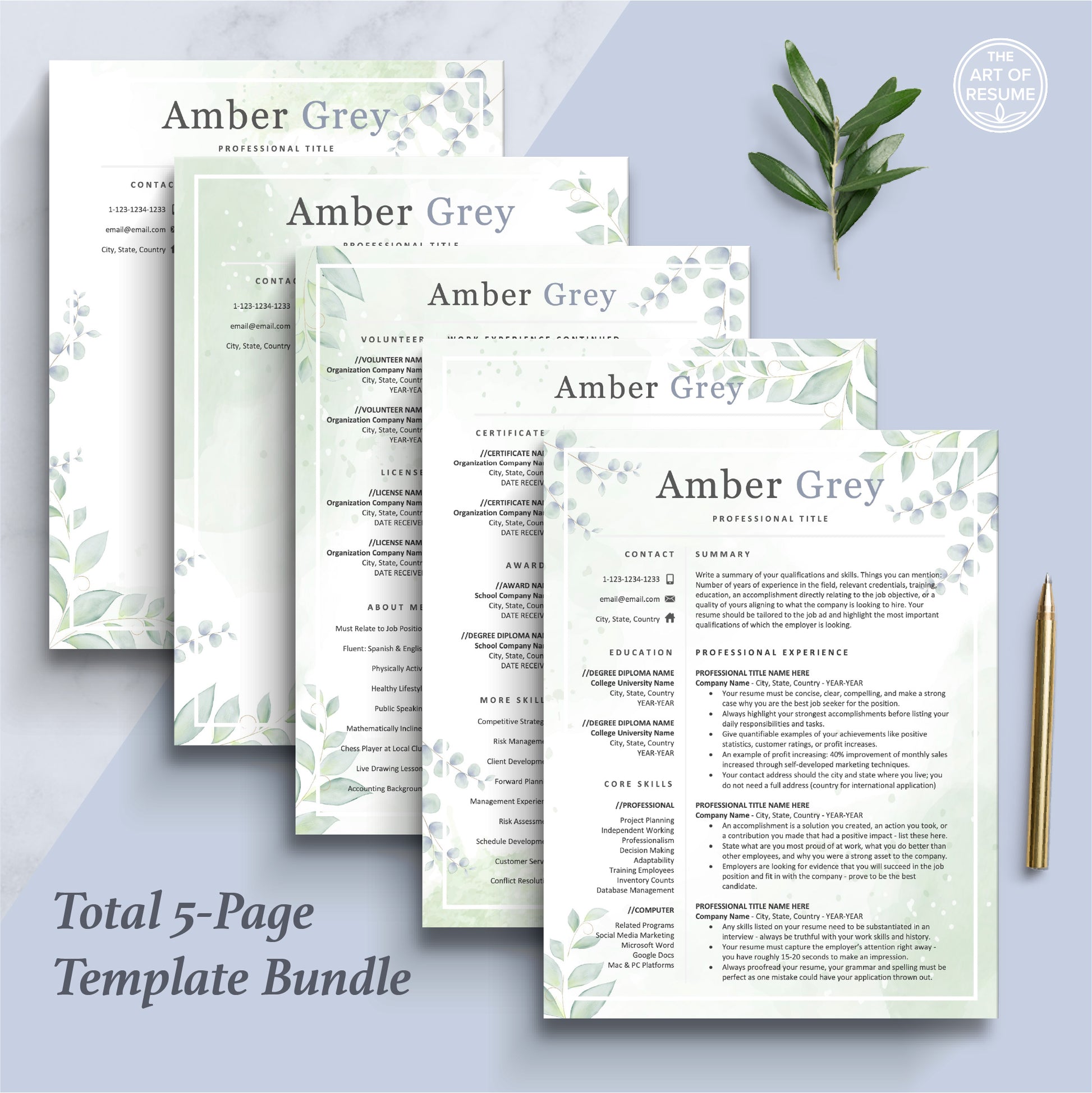 The Art of Resume | Creative Floral Resume Cv Template Design Bundle | 5 Page Executive Resume Template Format