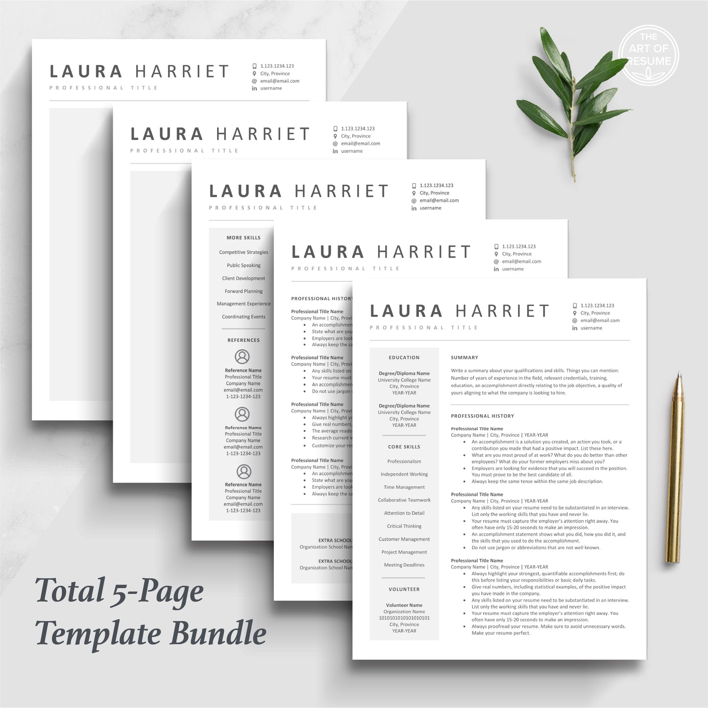 The Art of Resume Templates | Executive C Suite Level Resume CV Design Bundle including matching cover letter and reference page
