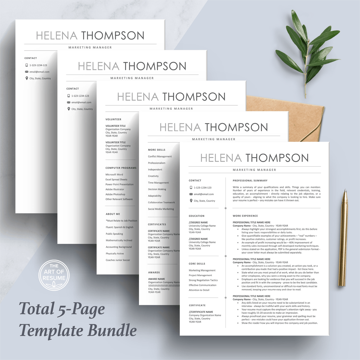 The Art of Resume Templates | Professional Simple Resume CV Design Bundle including matching cover letter and reference page