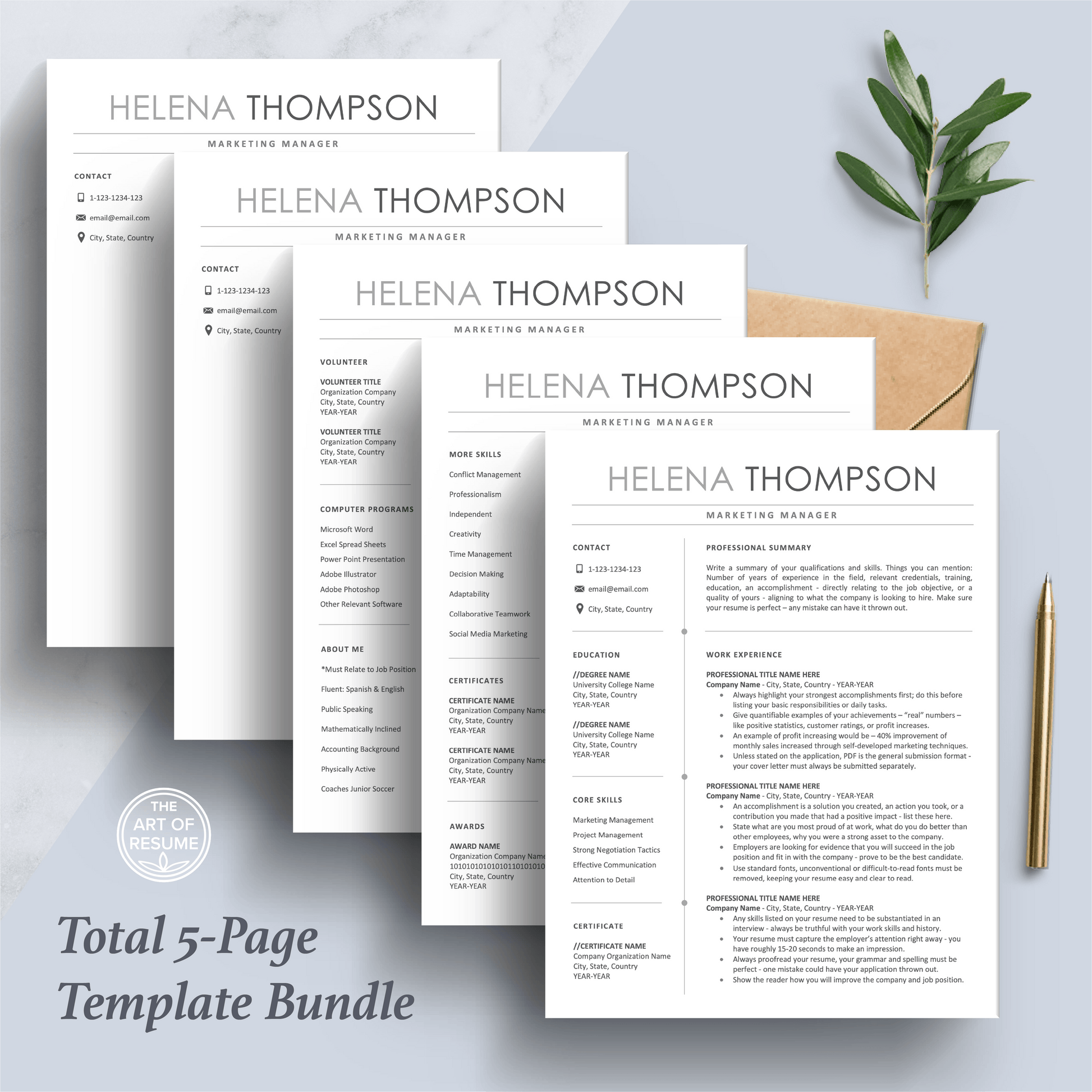 The Art of Resume Templates | Professional Simple Resume CV Design Bundle including matching cover letter and reference page