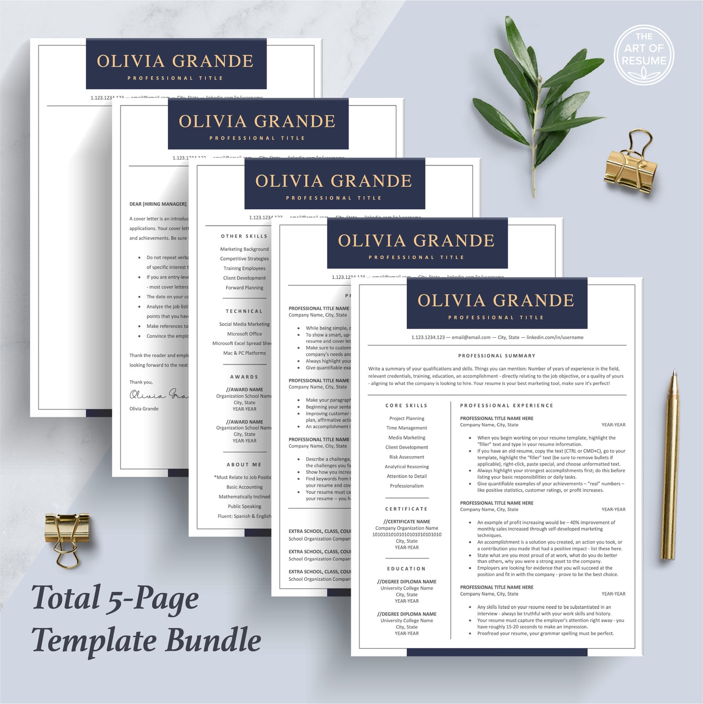 The Art of Resume Templates | Executive C Suite Level Resume CV Design Bundle including matching cover letter and reference page
