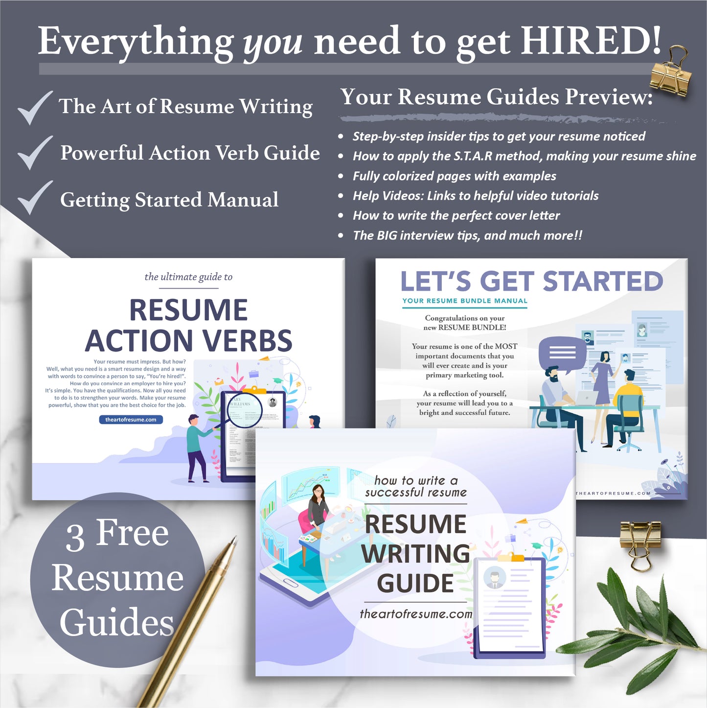 The Art of Resume Writing Guide, Resume Action Verb Guide, Resume Template Instructional Manual