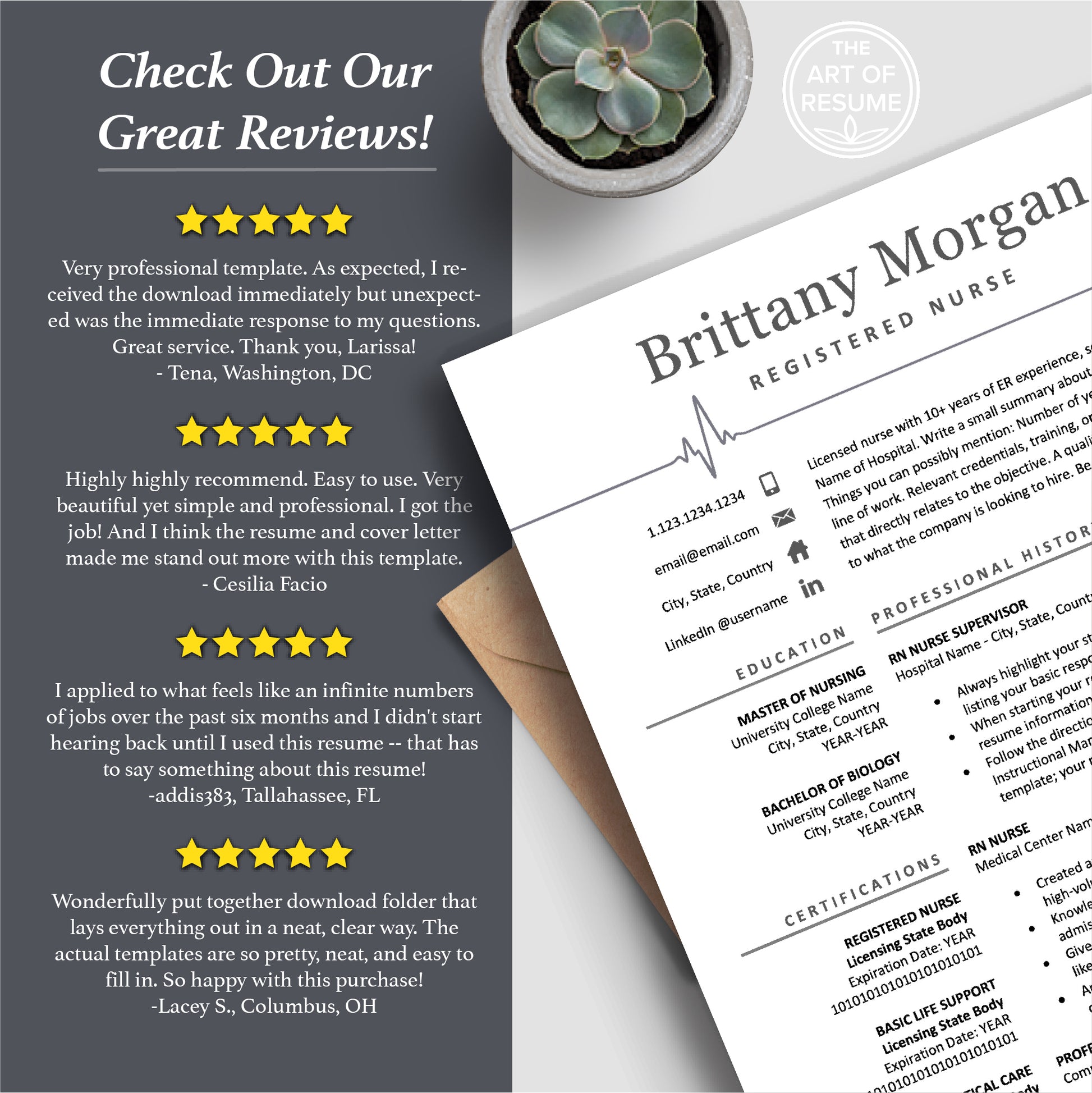 5-Star Resume Reviews, Best The Art of Resume, Modern Medical Nurse  Doctor Resume CV Template for RN Nurse, Resident Student, Medical Assistant, Physician with Cover Letter, Reference Page, Social Media Icons