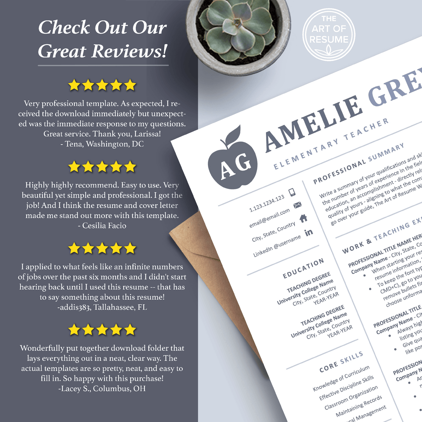 The Art of Resume Templates | Creative Teacher Blue Grey Resume CV Templates Online 5-Star Reviews