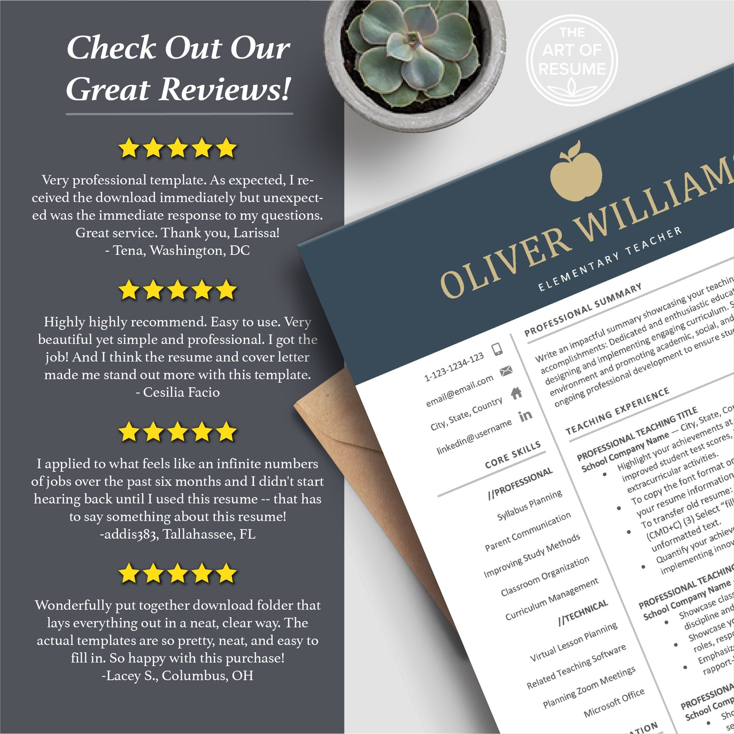 The Art of Resume | Navy Blue Teacher Teaching Resume CV Template | 5 Star Resume Reviews Best Online