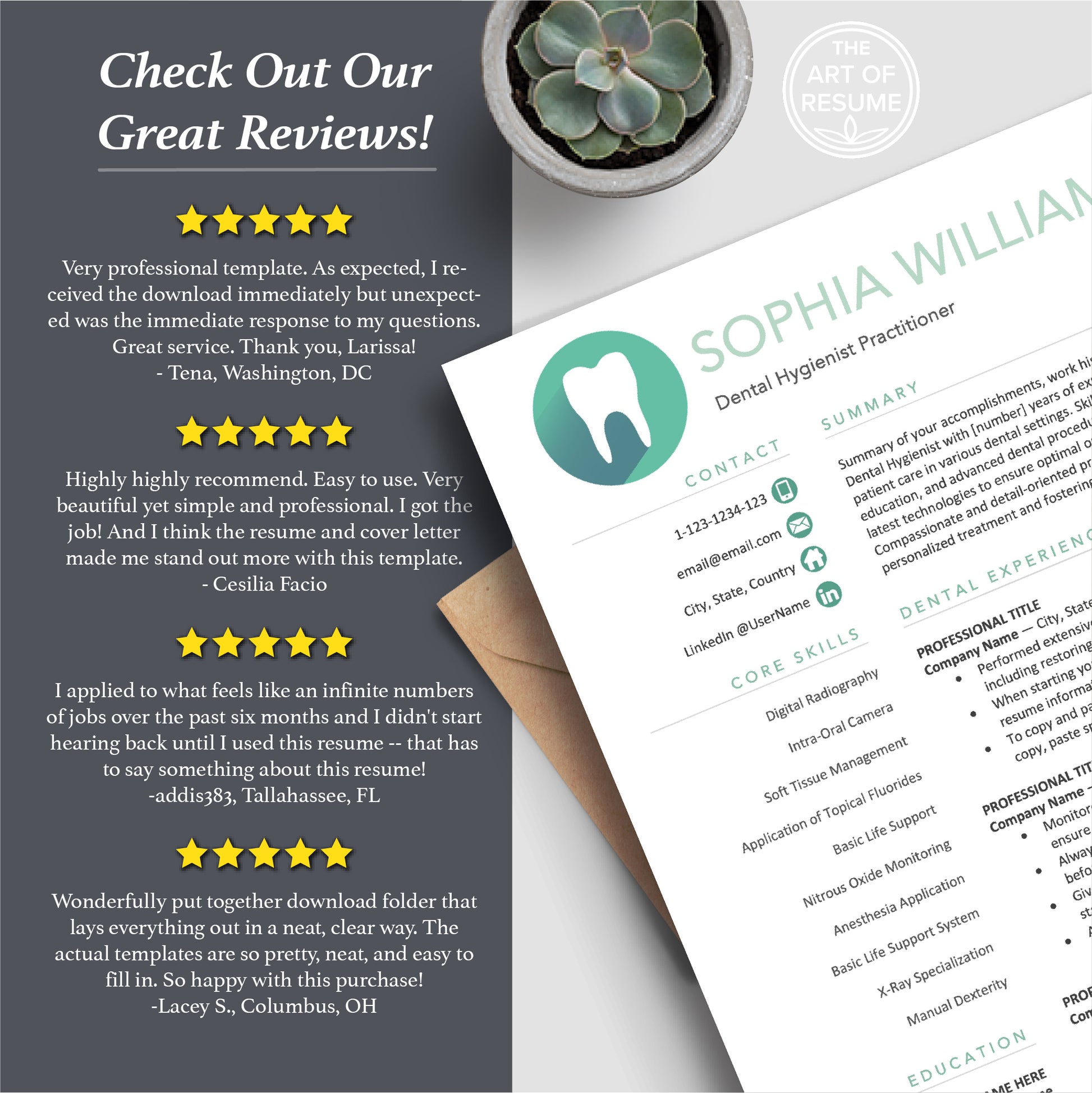 The Art of Resume | Dental Hygienist Dentist Resume CV Template Design Bundle Teal | 5 Star Resume Reviews Best Online