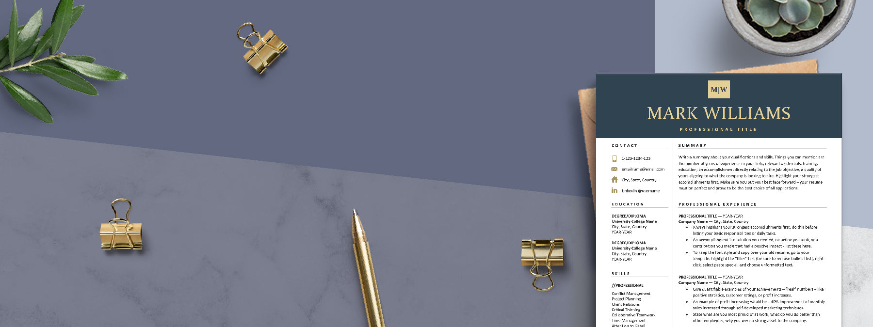The Art of Resume Design Company- Resume Template Design on a desk with a gold pen and clips