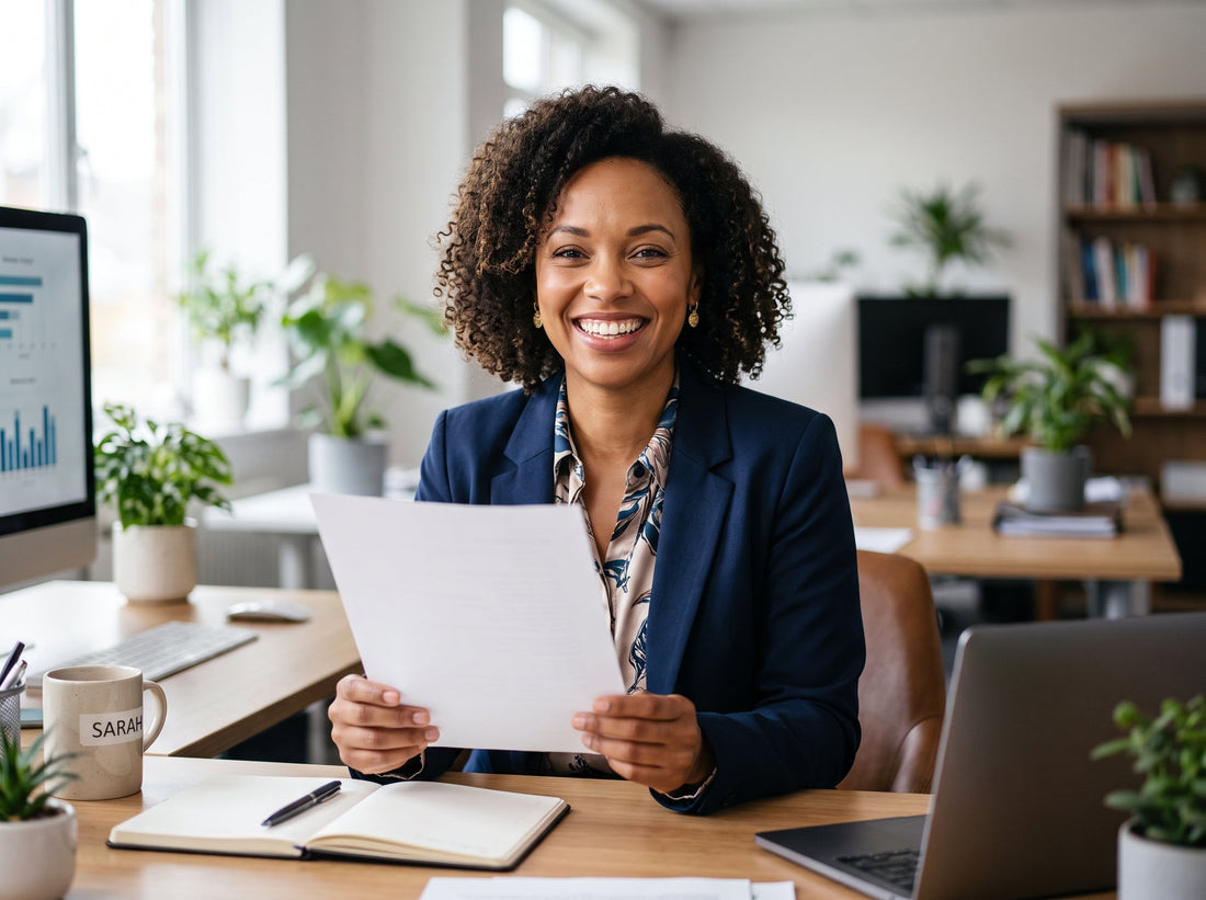 A happy professional woman holding an ATS resume template